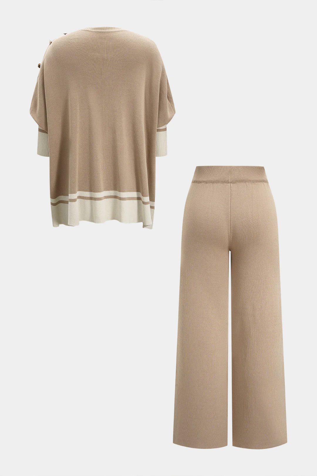 Knit Contrast Metallic Button Short-Sleeved Top And Wide Leg Pants Set - Image 2