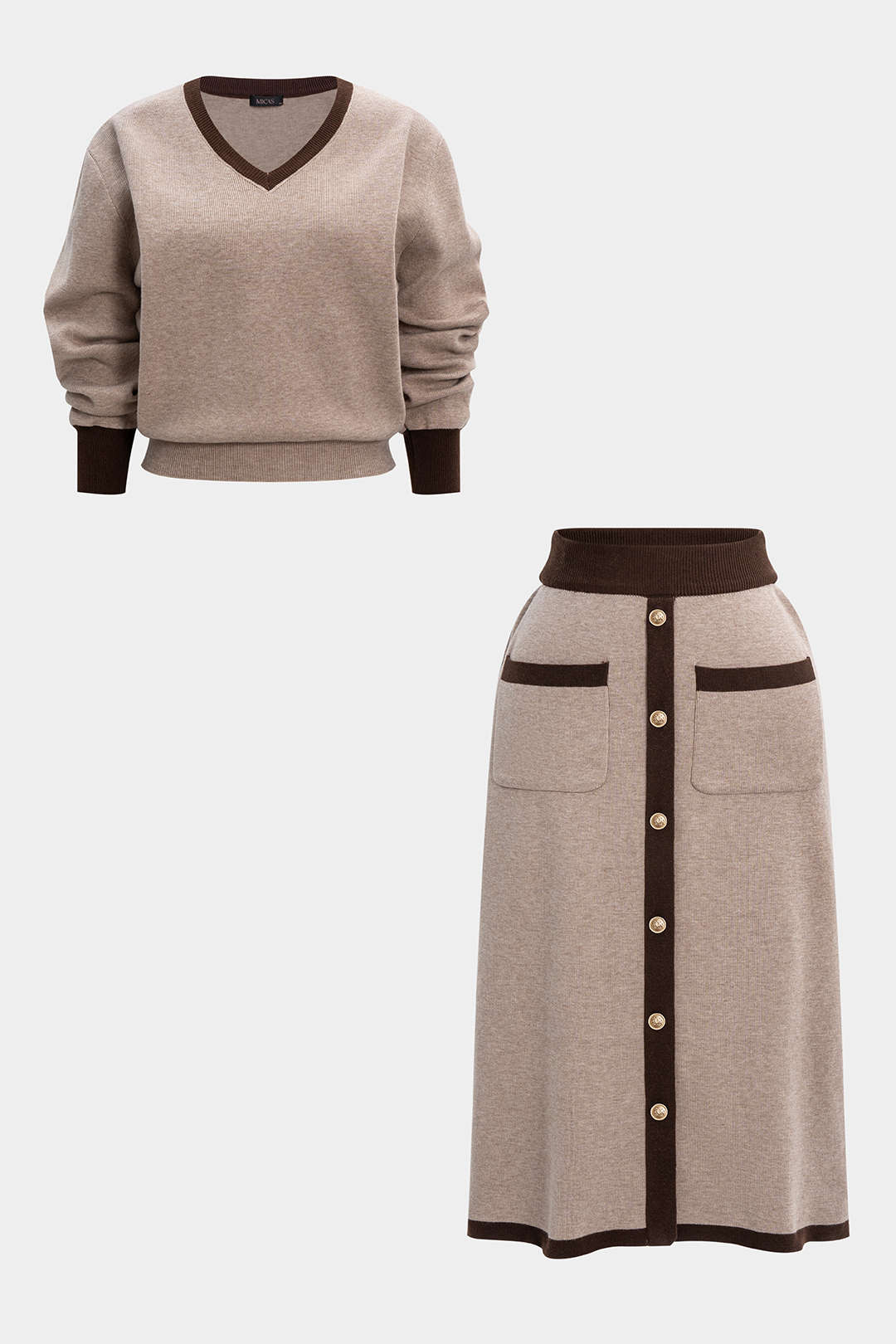 Plus Size Knit Contrast V-Neck Long-Sleeve Top And Pocket Skirt Set