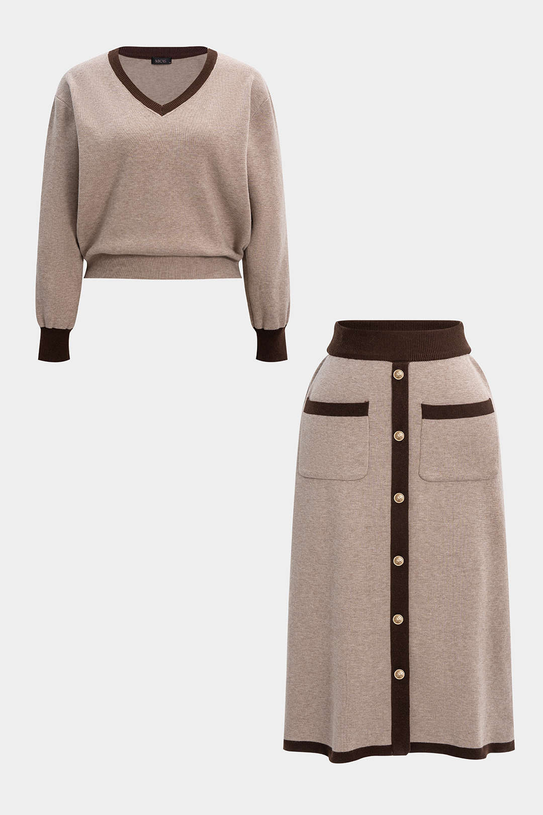 Plus Size Knit Contrast V-Neck Long-Sleeve Top And Pocket Skirt Set - Image 2