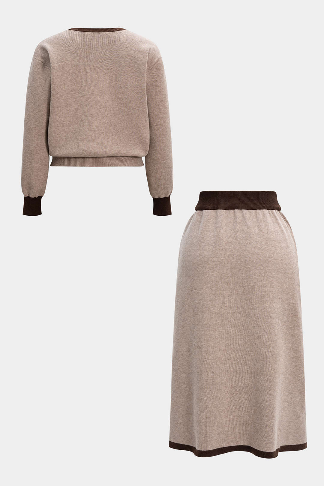 Plus Size Knit Contrast V-Neck Long-Sleeve Top And Pocket Skirt Set - Image 3