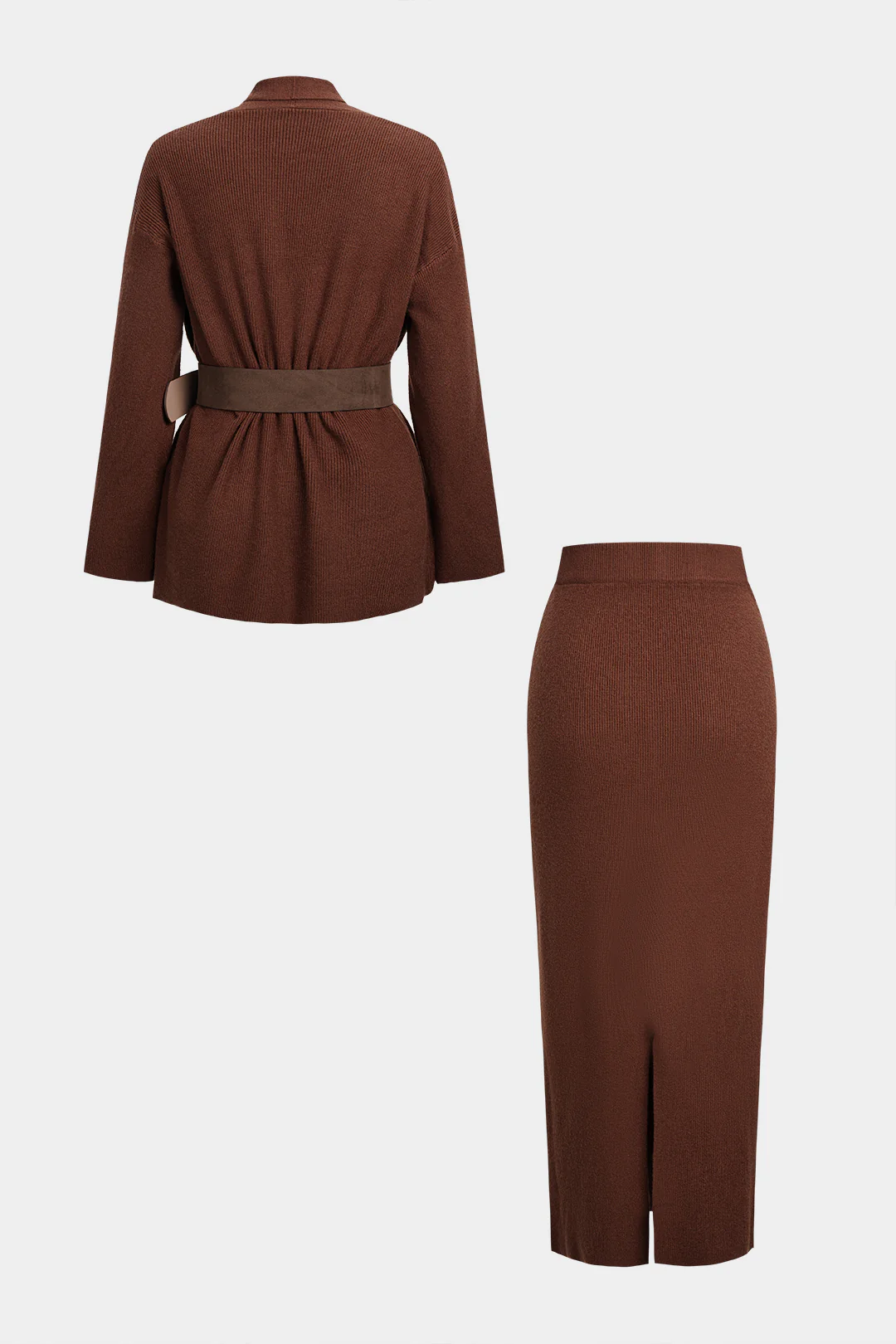 Knit Crossed Belted Long-Sleeve Top And Split Skirt Set - Image 2