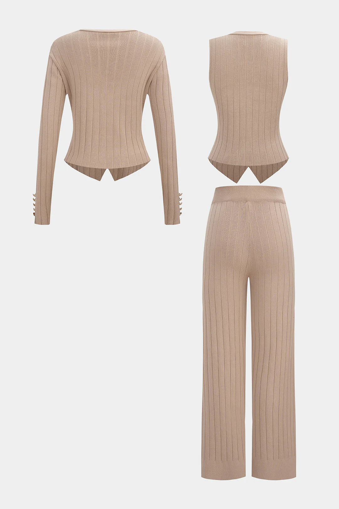 Knit V-Neck Metallic Button Long Sleeve Top And Vest And Wide Leg Pants Set - Image 2