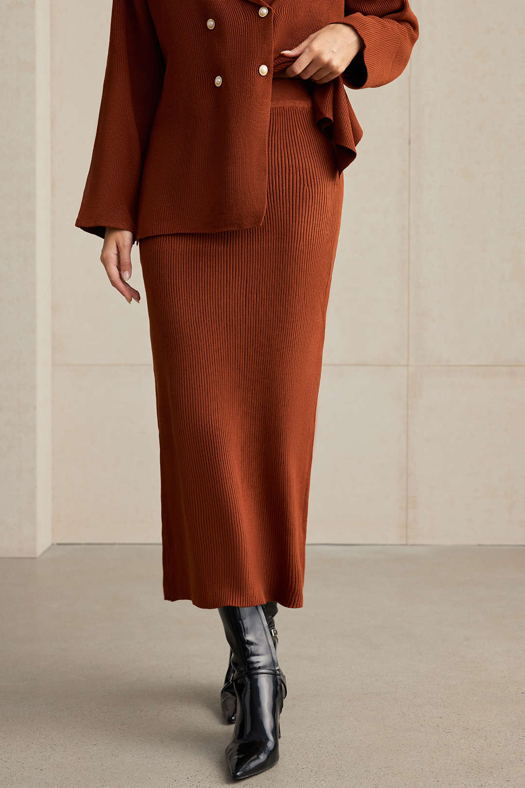 Knit Double-Breasted Lapel Cardigan And Skirt Set - Image 5