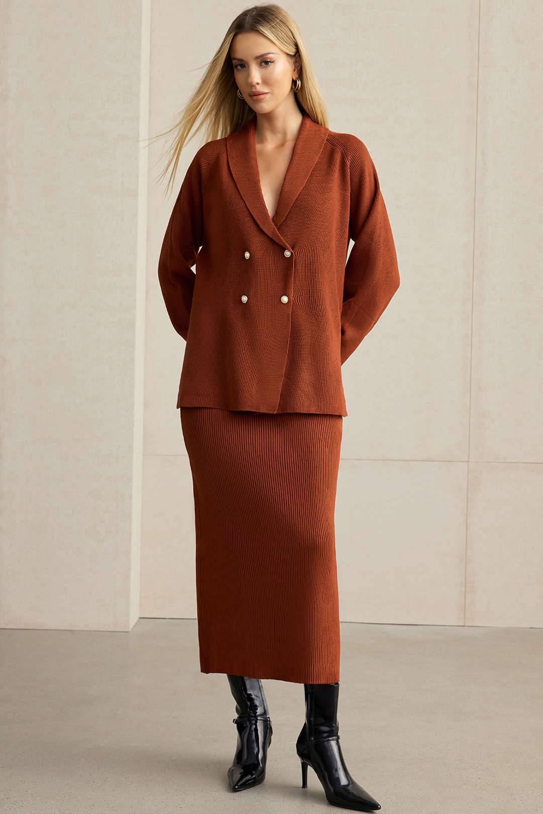 Knit Double-Breasted Lapel Cardigan And Skirt Set - Image 6