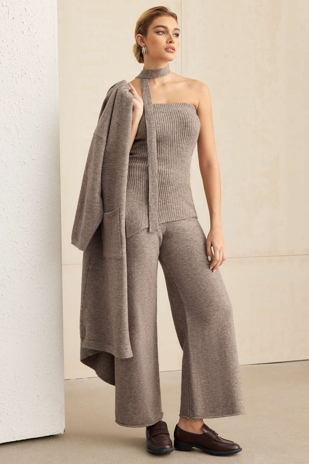 Knit 3PC Solid Cardigan And Straight Leg Pants Set - Image 2