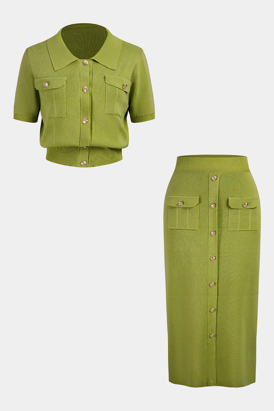 Plus Size Knit Button Short-Sleeve Cardigan And Pocket Skirt Set - Image 7