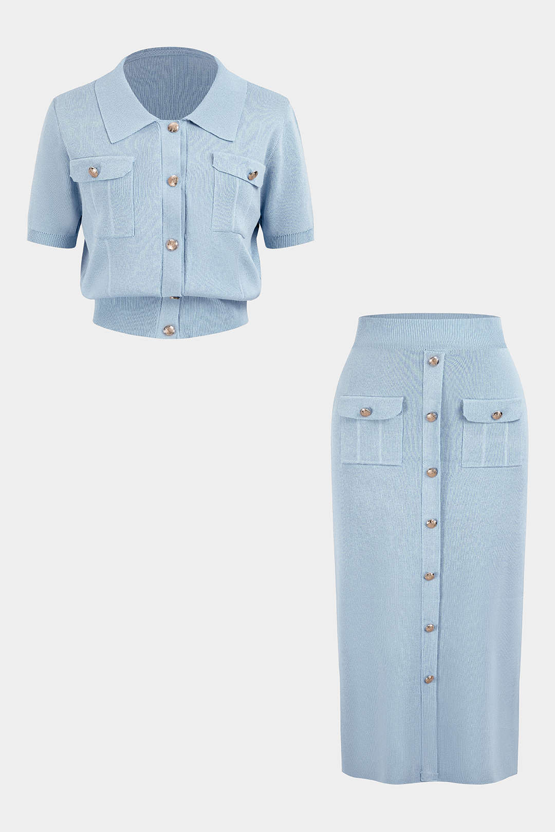 Plus Size Knit Button Short-Sleeve Cardigan And Pocket Skirt Set - Image 8