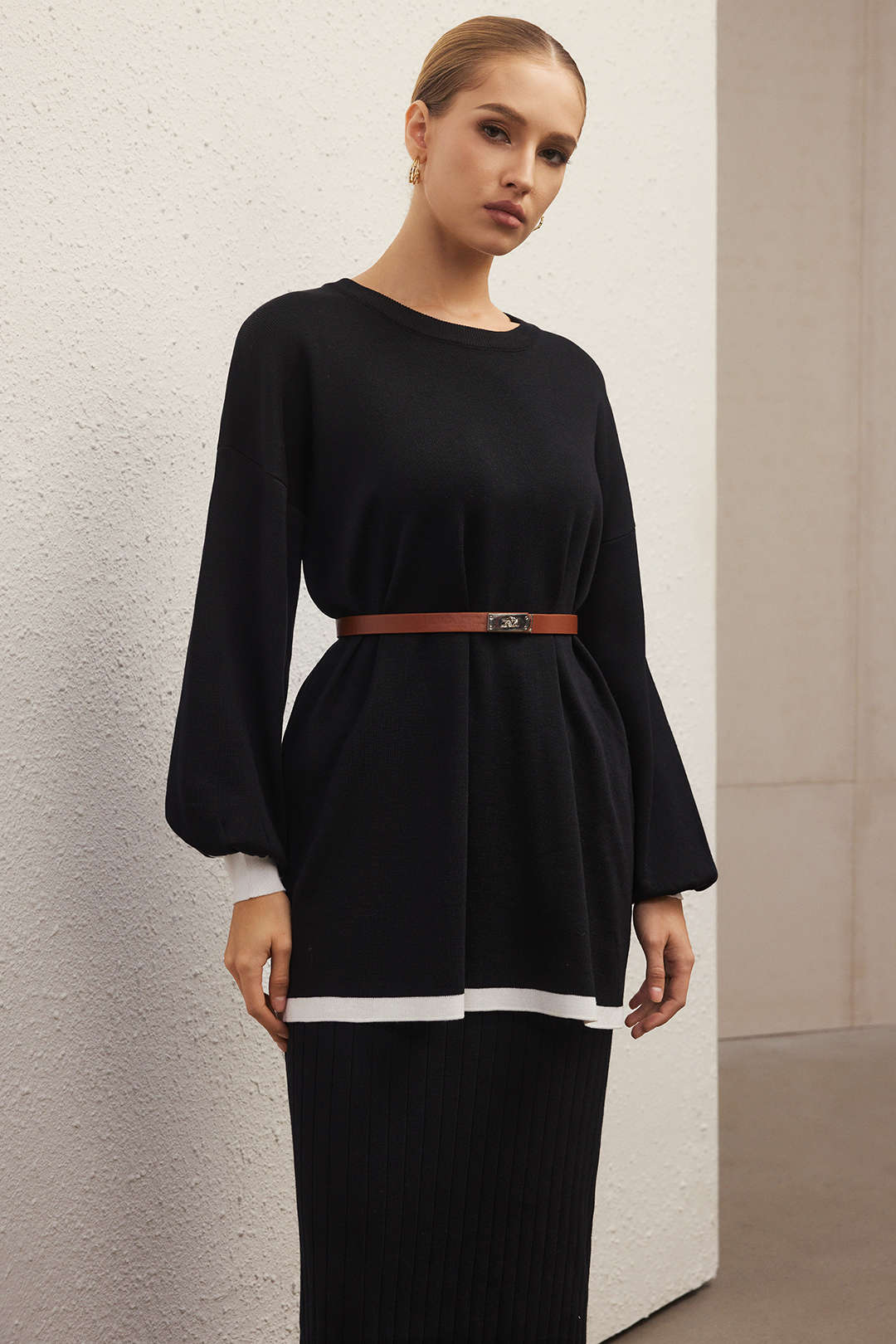 Knit Contrast Binding Belted Long-Sleeve Top And Ribbed Skirt Set - Image 2