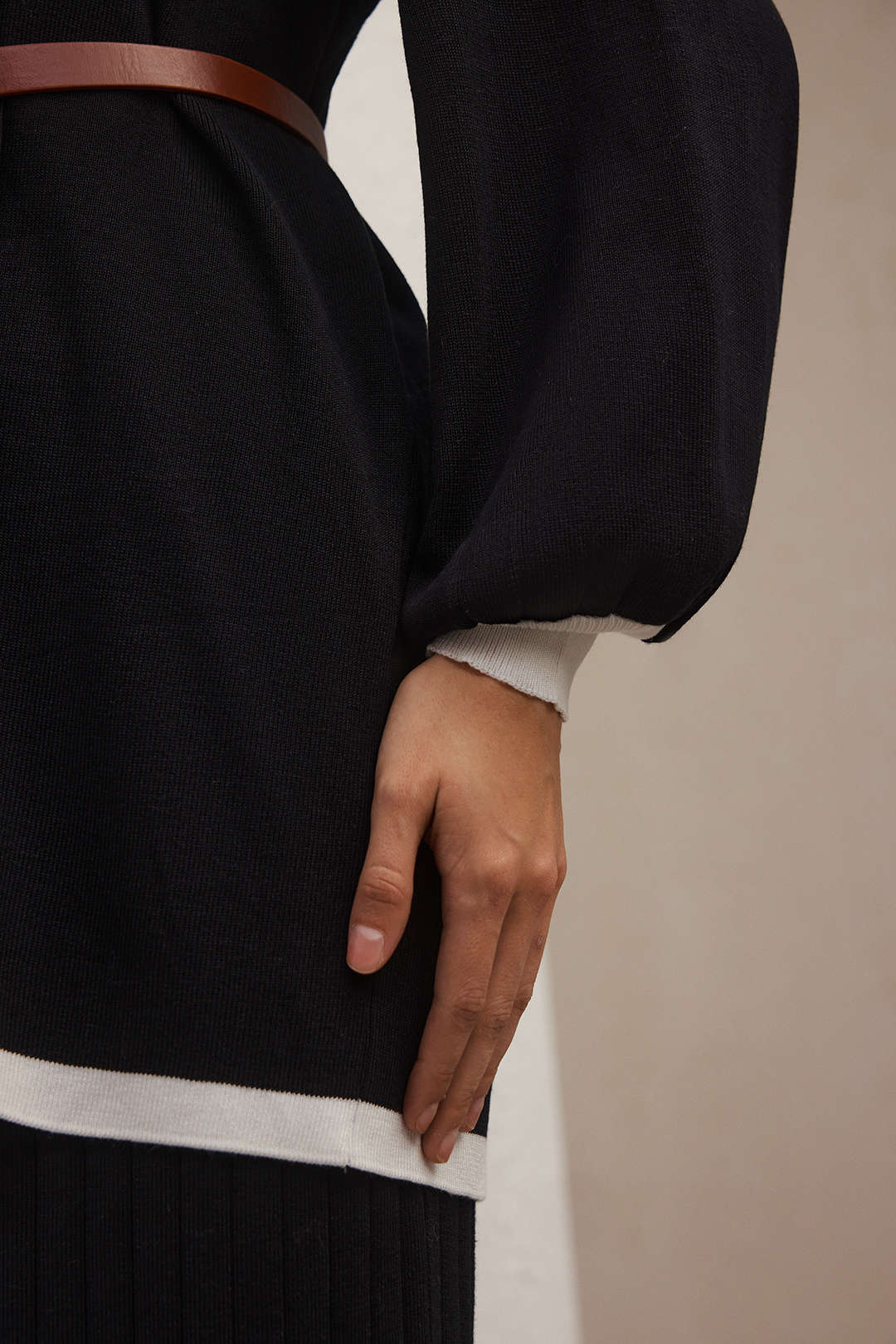 Knit Contrast Binding Belted Long-Sleeve Top And Ribbed Skirt Set - Image 3