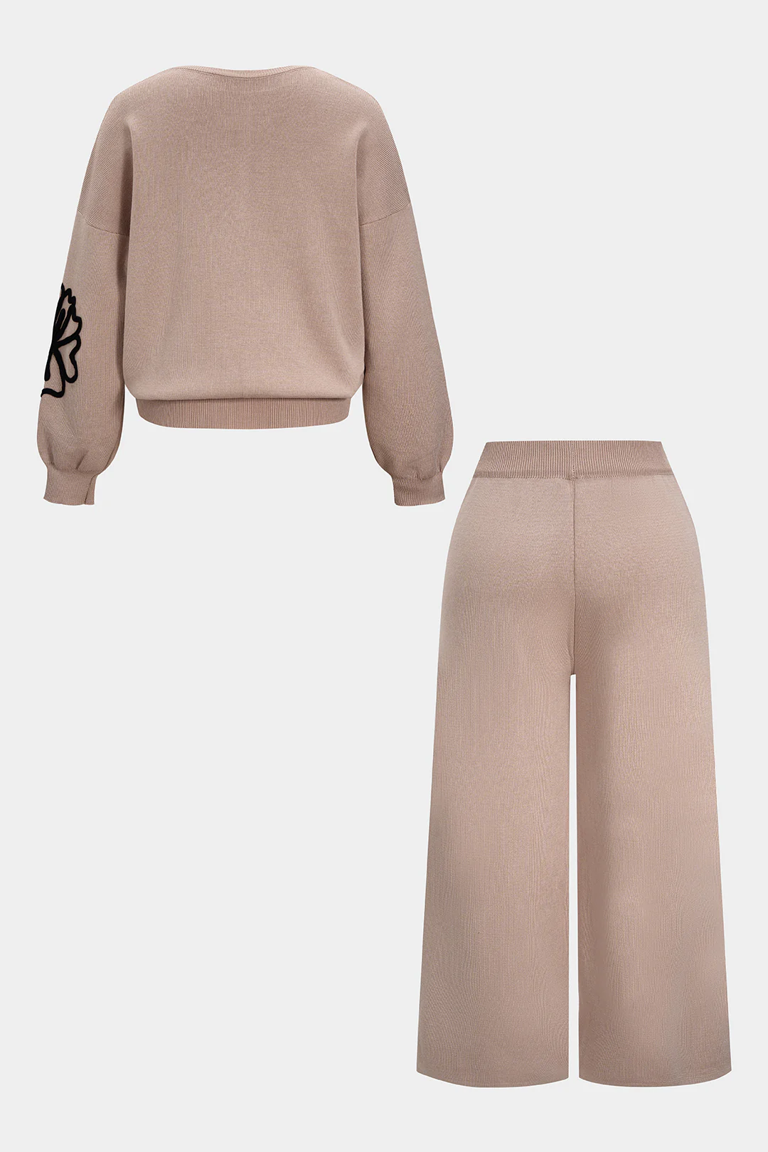 Plus Size Knit Round Neck Embroidery Long-Sleeve Top And Wide Leg Pants Set - Image 2