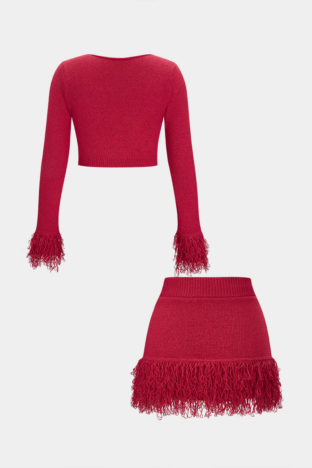 Knit Fringe Long Sleeve Top And Mini Bodycon Skirt Set - Image 2