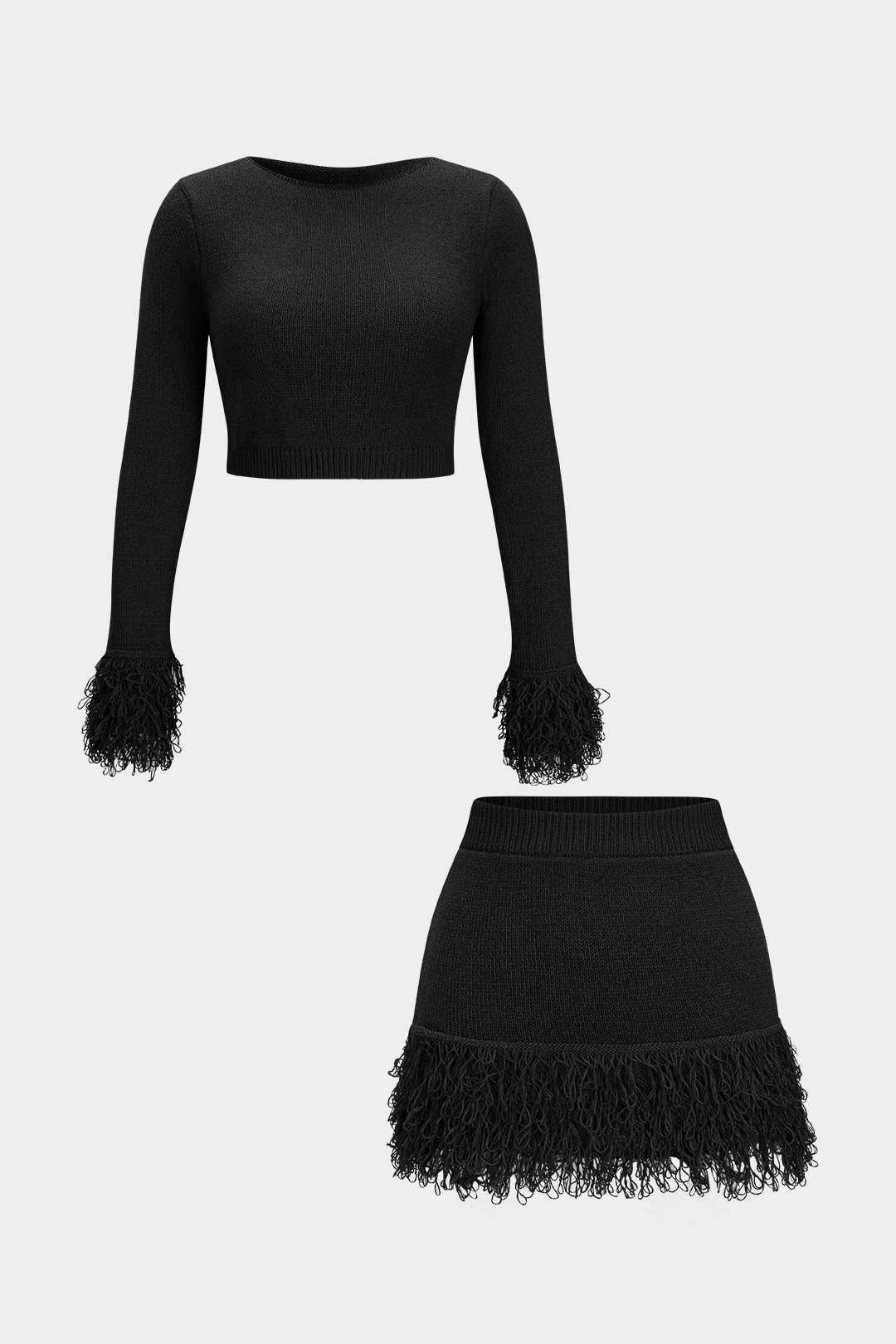 Knit Fringe Long Sleeve Top And Mini Bodycon Skirt Set - Image 5