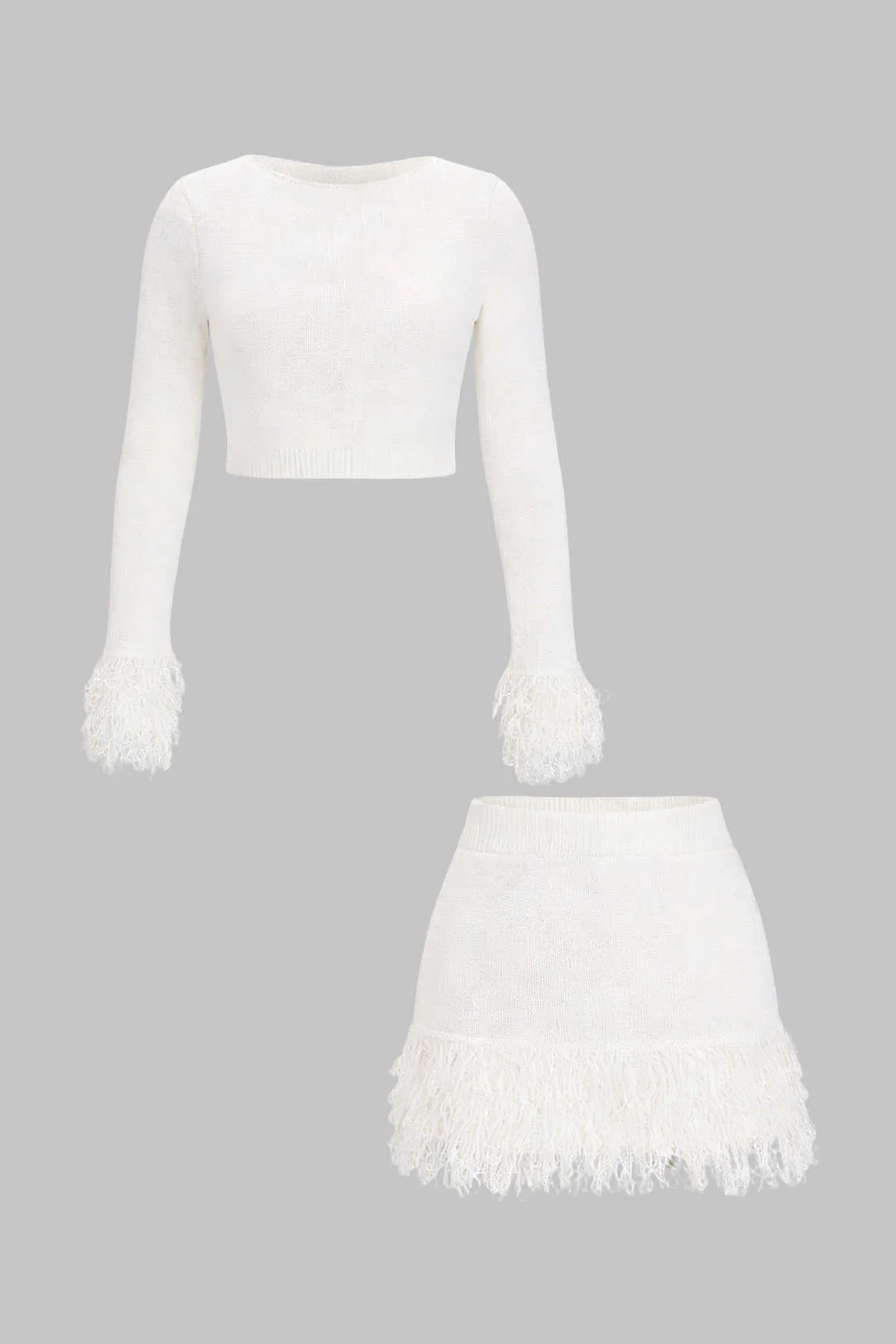 Knit Fringe Long Sleeve Top And Mini Bodycon Skirt Set - Image 7