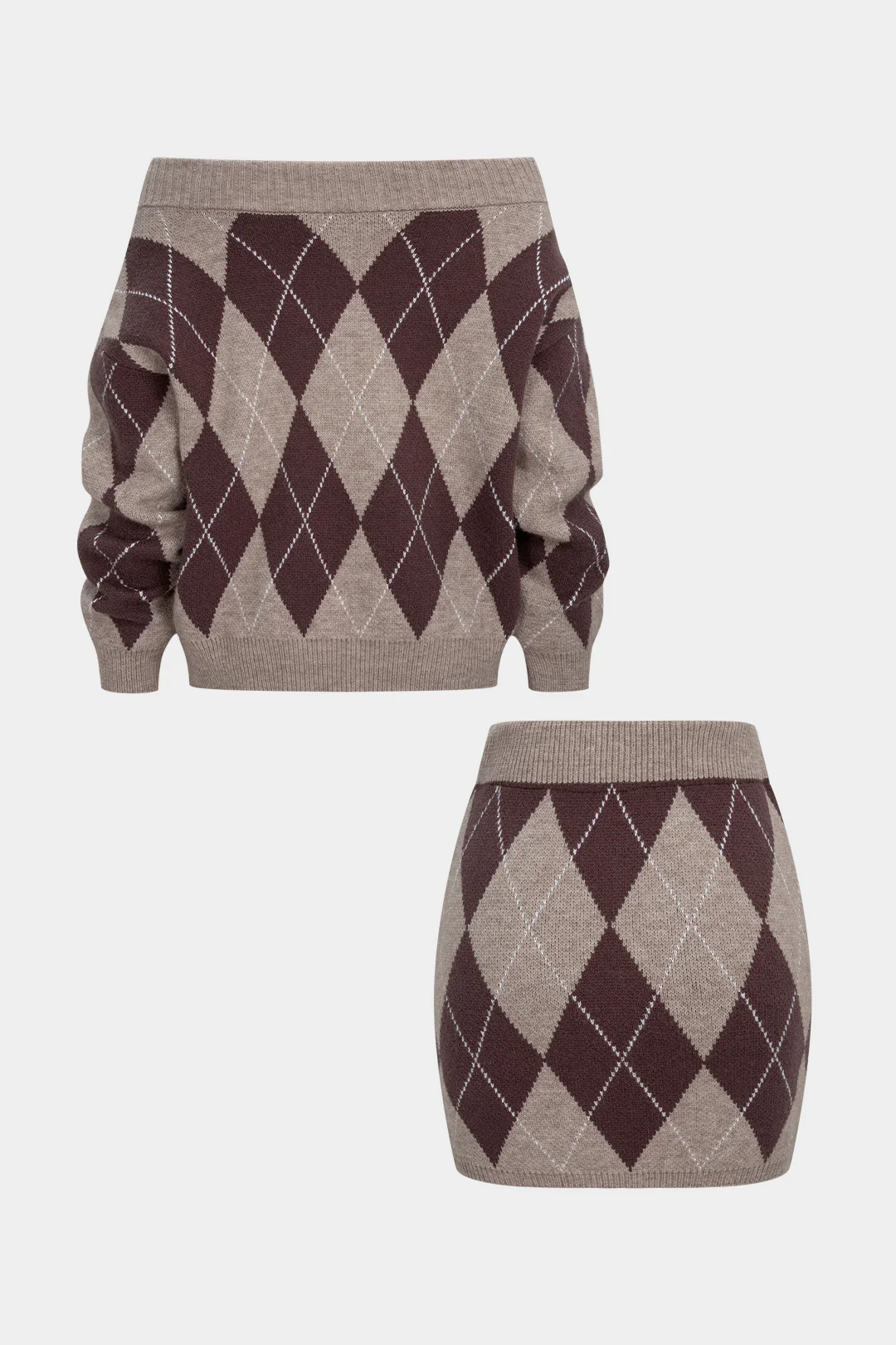 Knit Contrast Diamond Print Off Shoulder Long-Sleeve Top And High Waist Mini Skirt Set - Image 2
