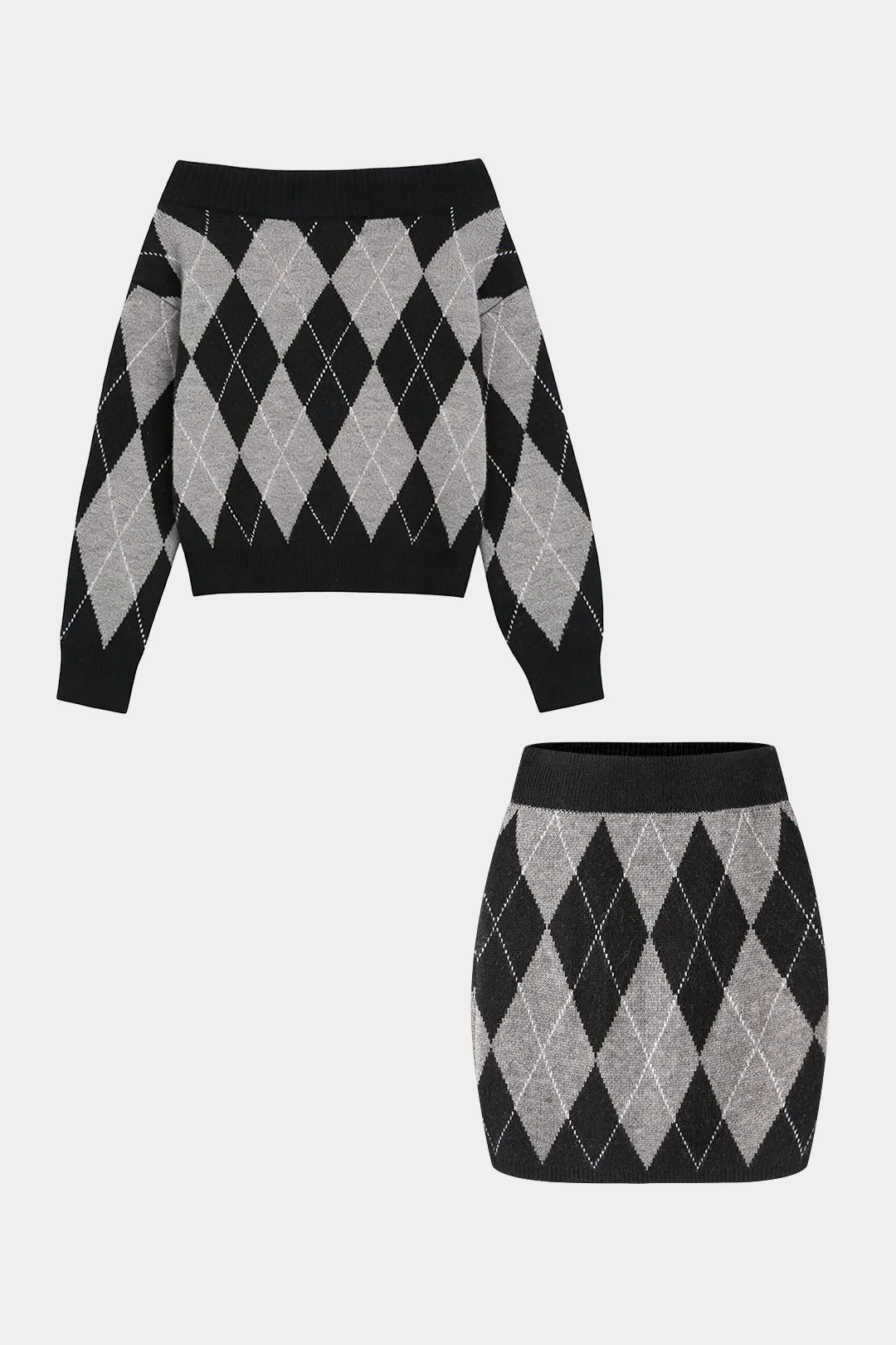 Knit Contrast Diamond Print Off Shoulder Long-Sleeve Top And High Waist Mini Skirt Set - Image 6