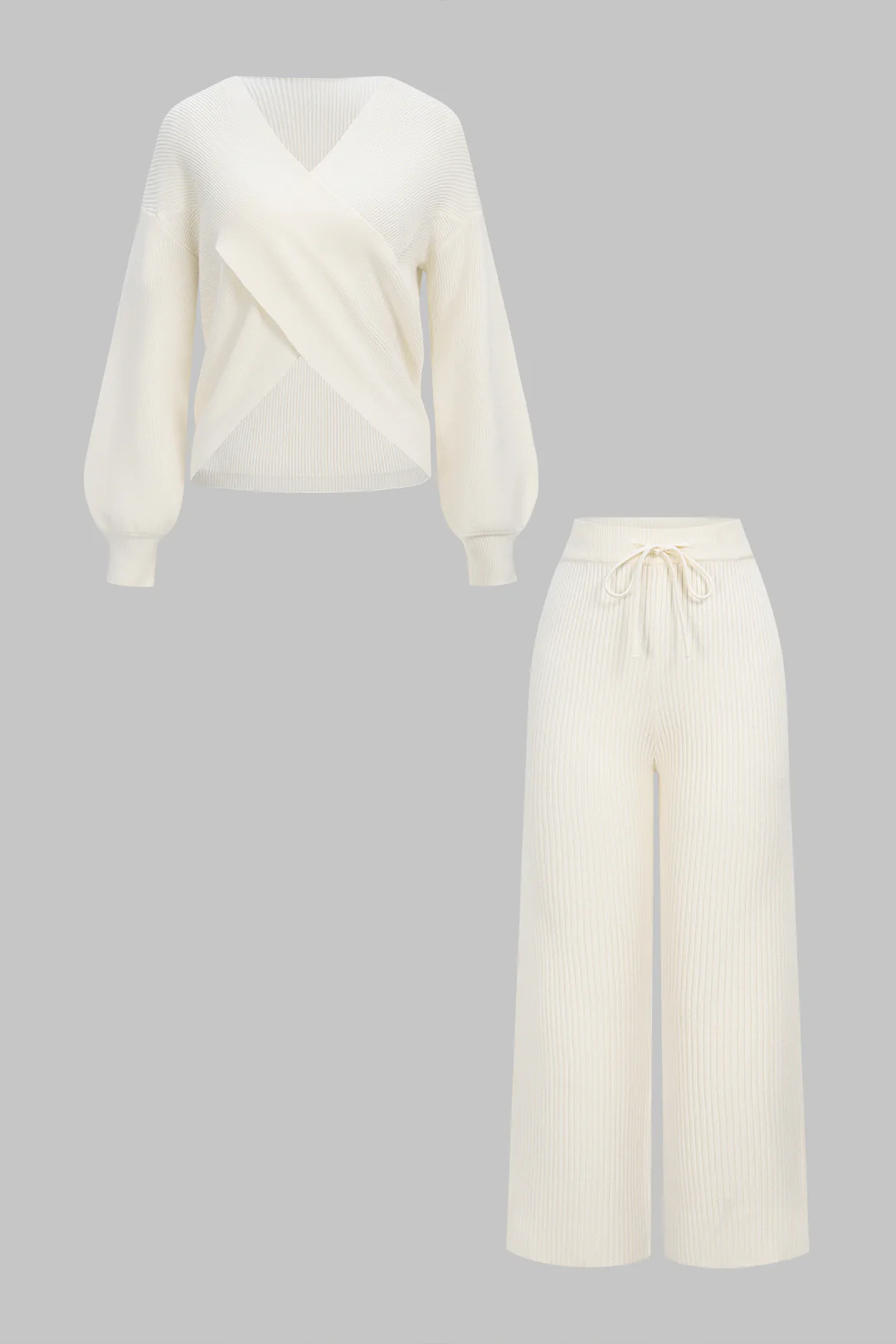 Knit Crossed Long-Sleeve Top And Tie-Up Pants Set