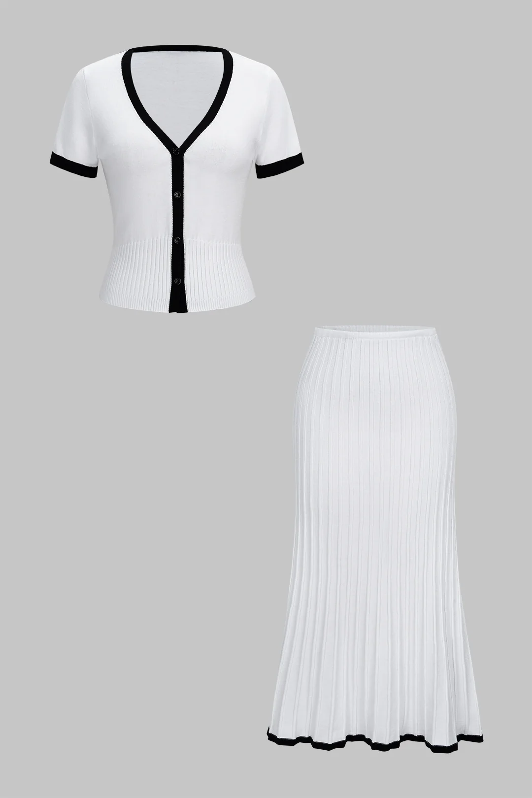 Knit Contrast Binding Ribbed Short-Sleeve And Skirt Set - Image 2