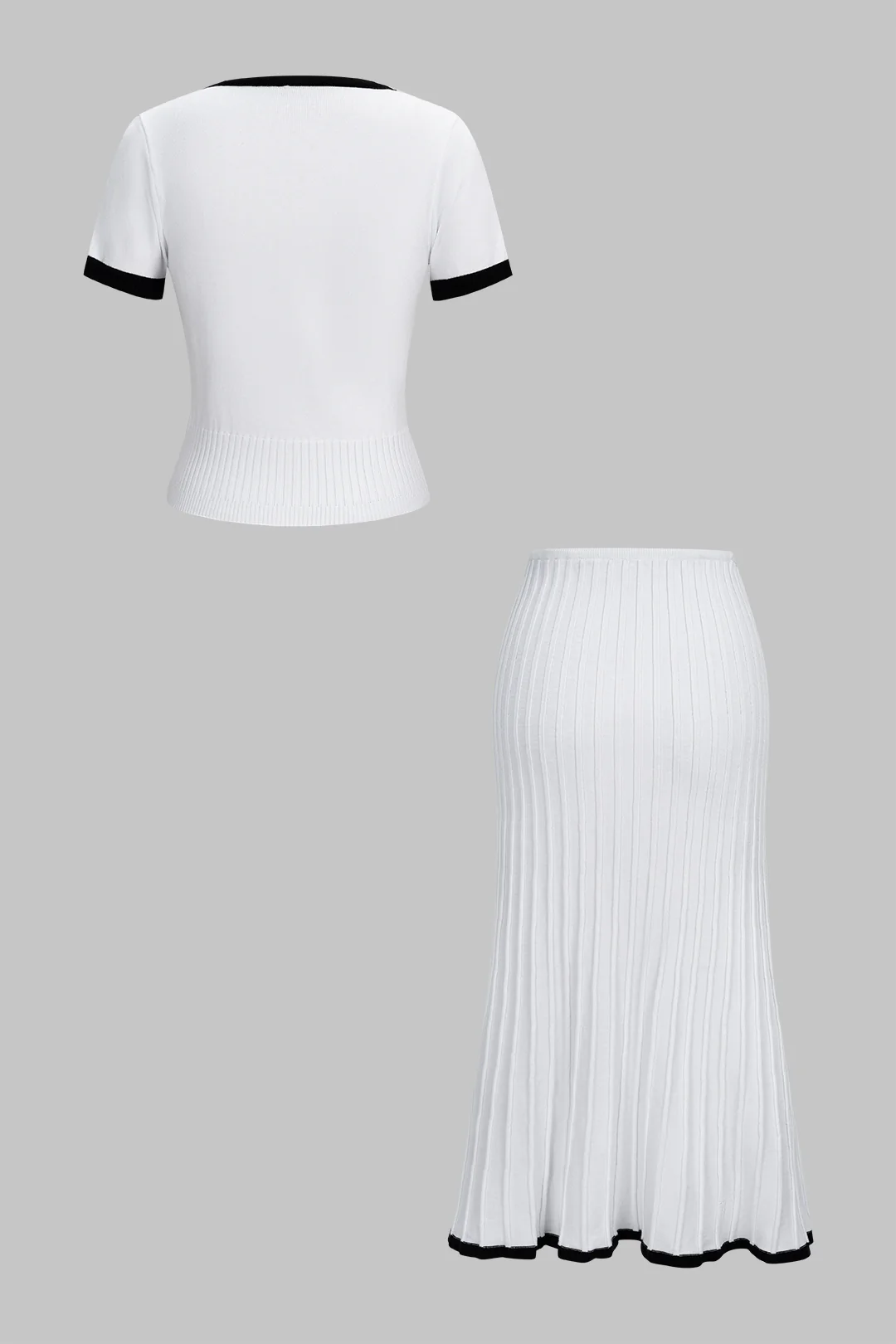 Knit Contrast Binding Ribbed Short-Sleeve And Skirt Set - Image 3