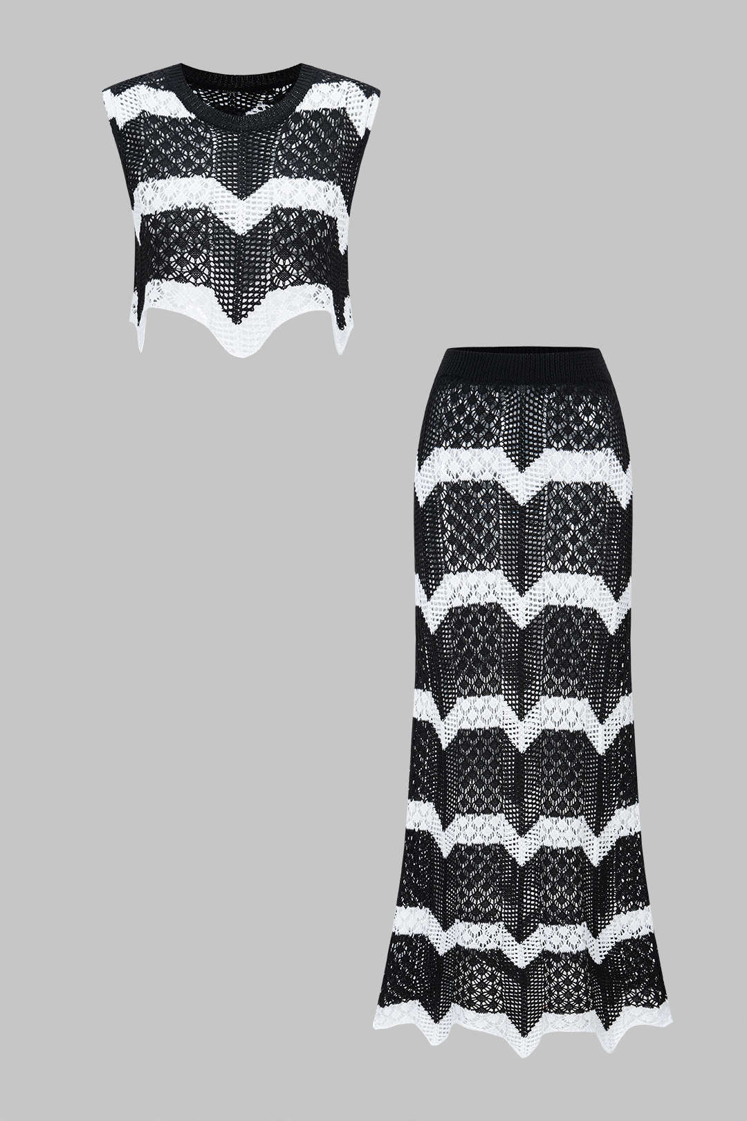 Knit Contrast Hollow Out Tank Top And Skirt Set - Image 3