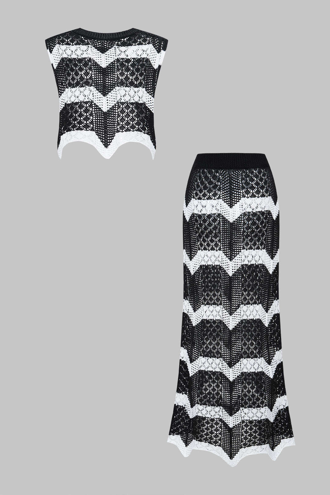 Knit Contrast Hollow Out Tank Top And Skirt Set - Image 4