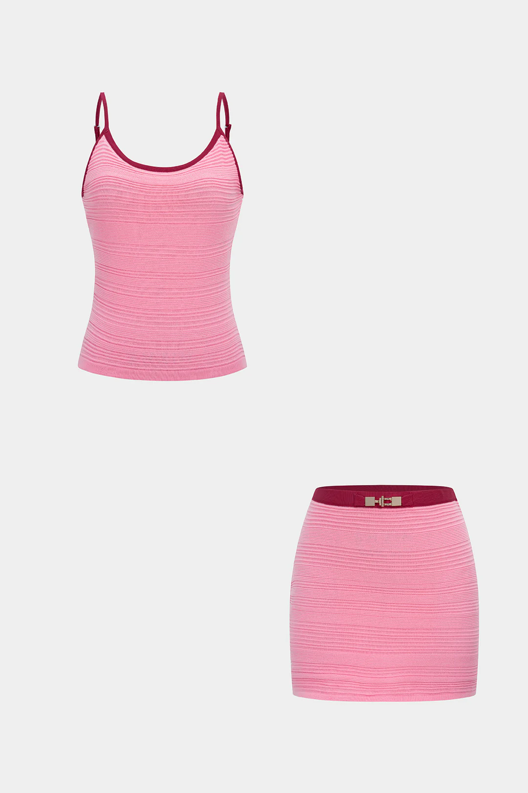 Knit Contrast Striped Round Neck Cami Top And Mini Skirt Set - Image 7