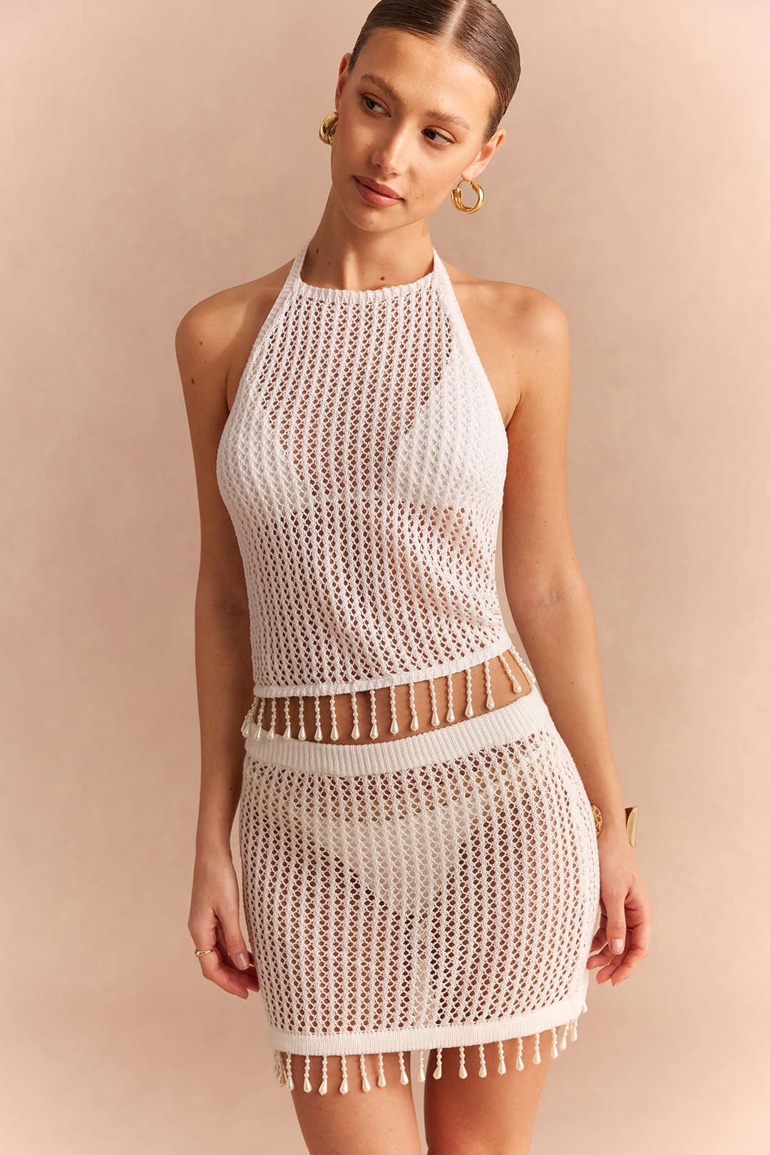 Knit Hollow Out Fringe Halter Tie Back Top And Skirt Set