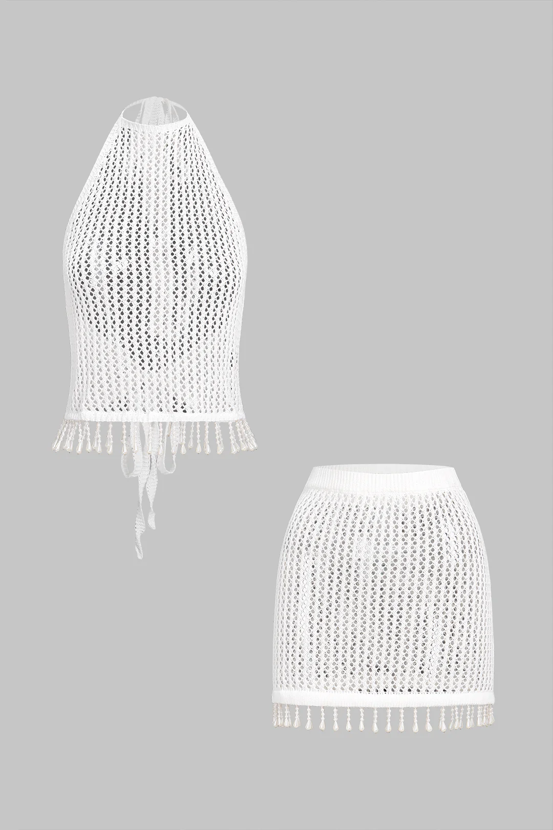 Knit Hollow Out Fringe Halter Tie Back Top And Skirt Set - Image 6