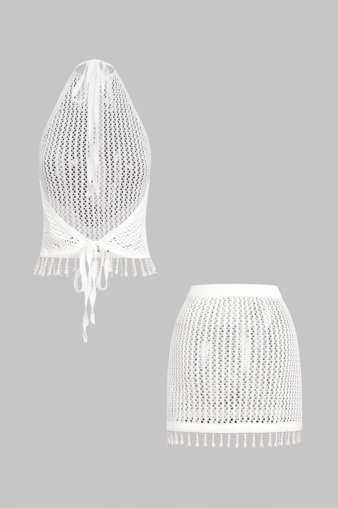 Knit Hollow Out Fringe Halter Tie Back Top And Skirt Set - Image 7