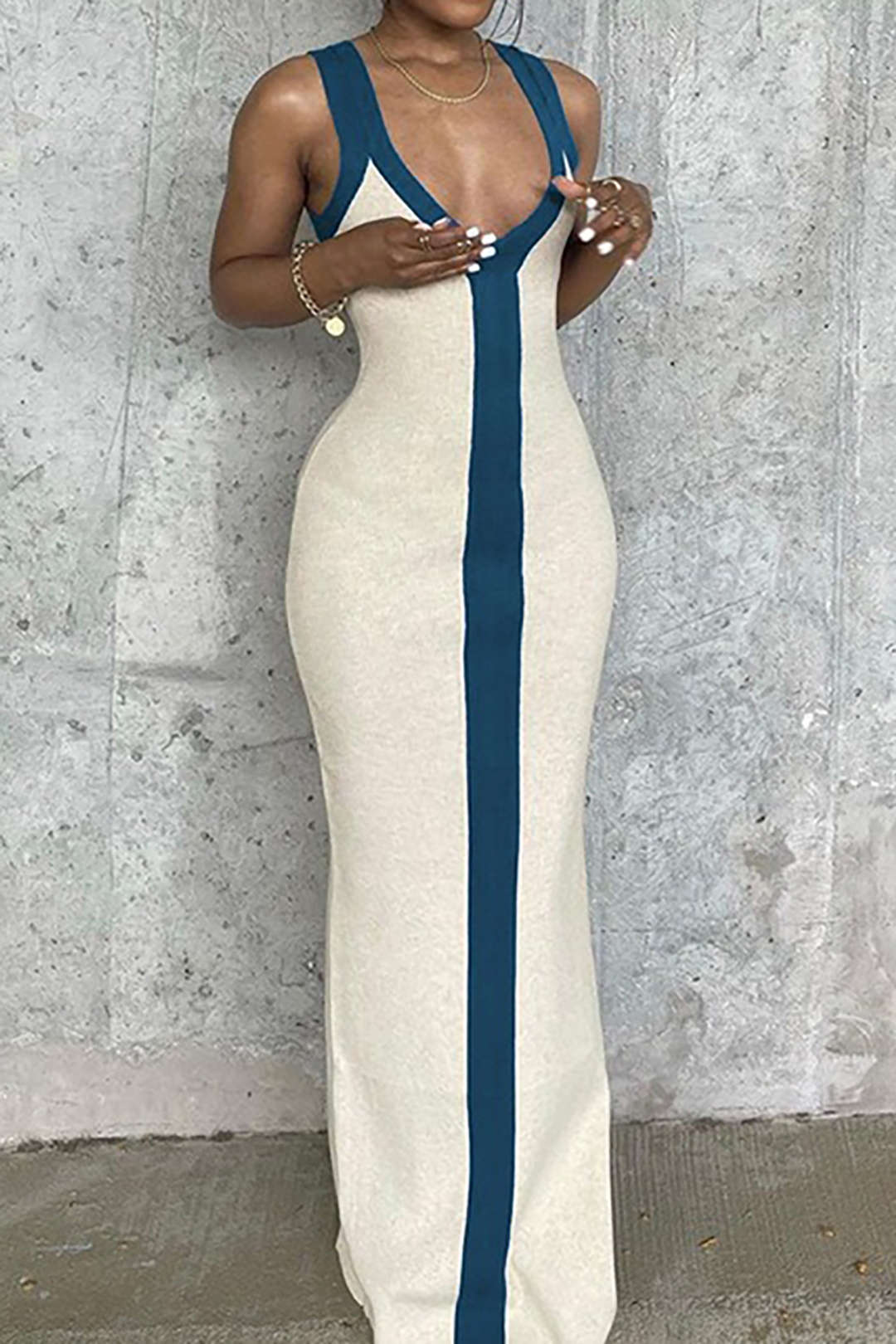 Colorblock V-neck Ribbed Split Maxi Dress - Image 7