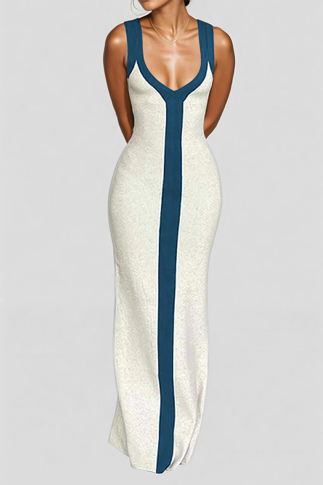 Colorblock V-neck Ribbed Split Maxi Dress - Image 8