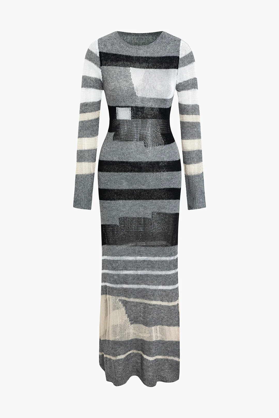 Contrast Long Sleeve Round Neck Open Knit Maxi Dress - Image 4