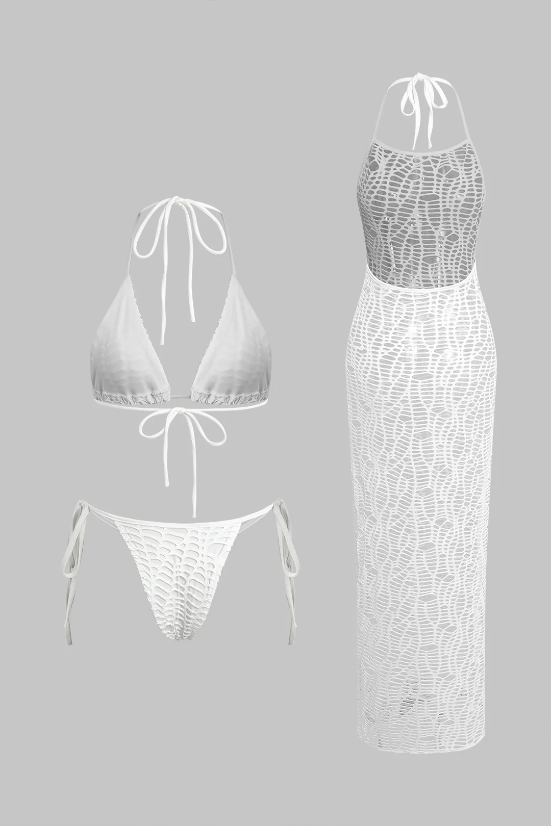 Textured Halter Neck Bikini And Open Knit Cover Up Set - Image 2