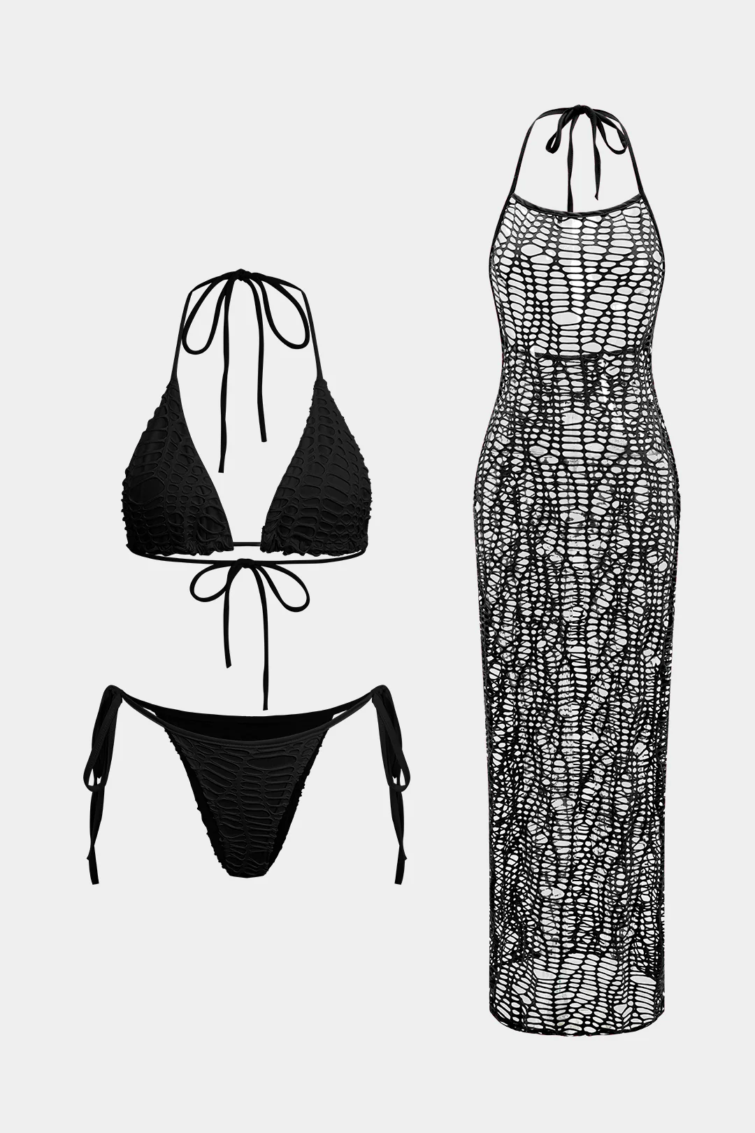 Textured Halter Neck Bikini And Open Knit Cover Up Set - Image 8