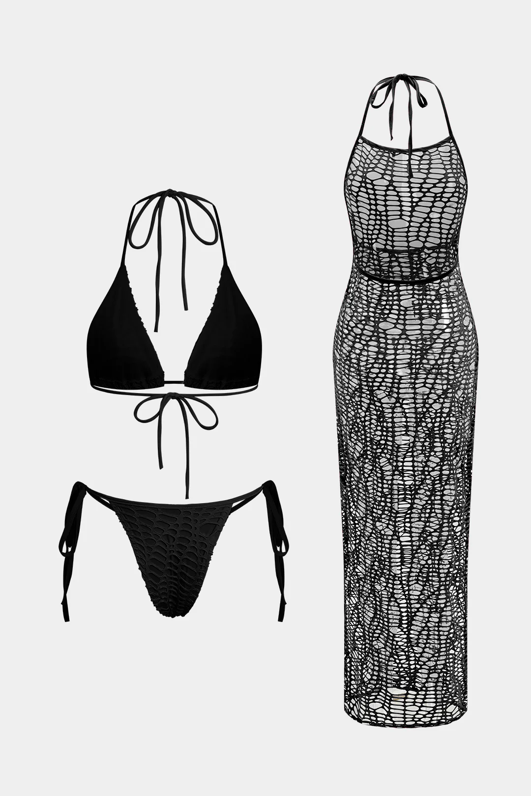 Textured Halter Neck Bikini And Open Knit Cover Up Set - Image 9