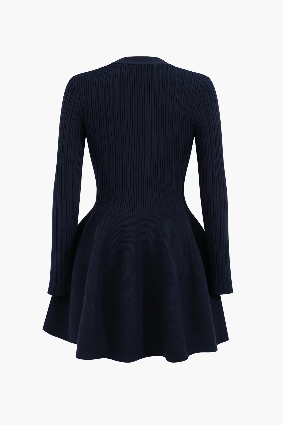 Knit Puff Hem Long Sleeve V-neck Dress - Image 2