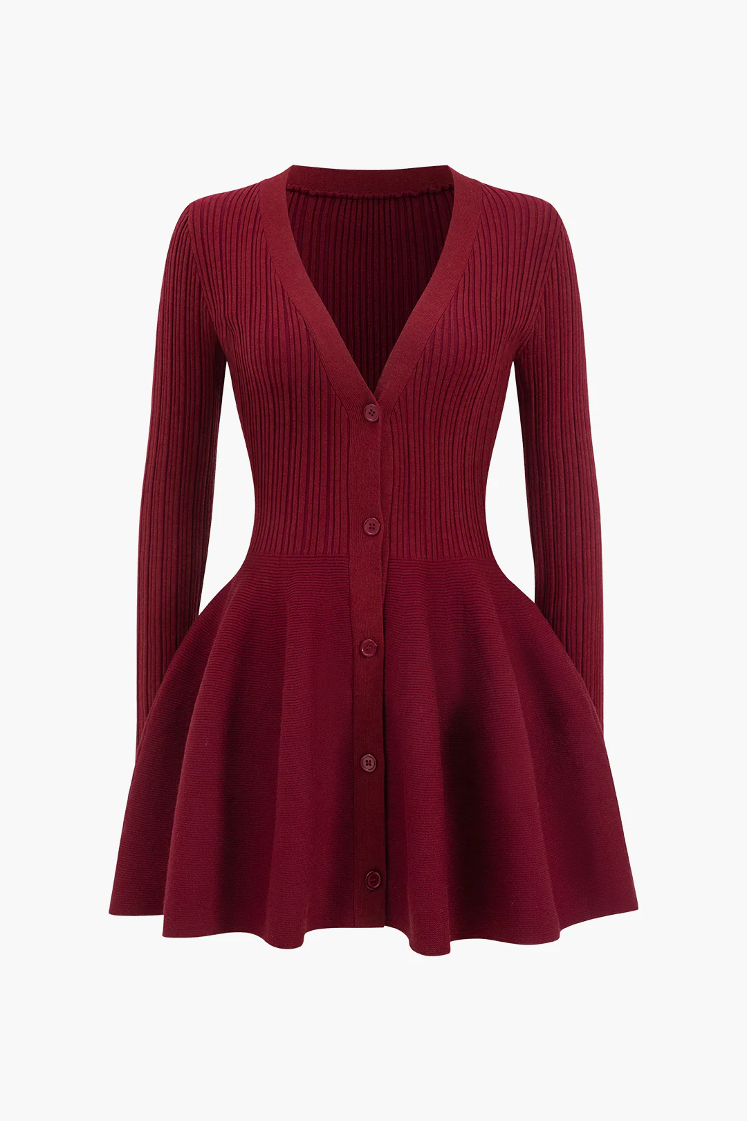Knit Puff Hem Long Sleeve V-neck Dress - Image 3