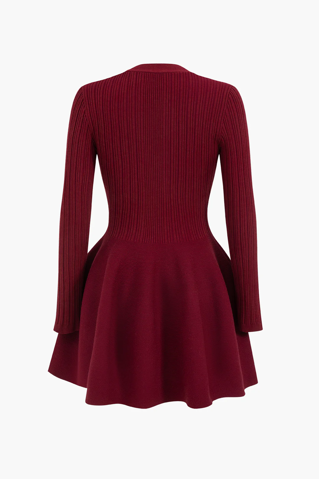 Knit Puff Hem Long Sleeve V-neck Dress - Image 4