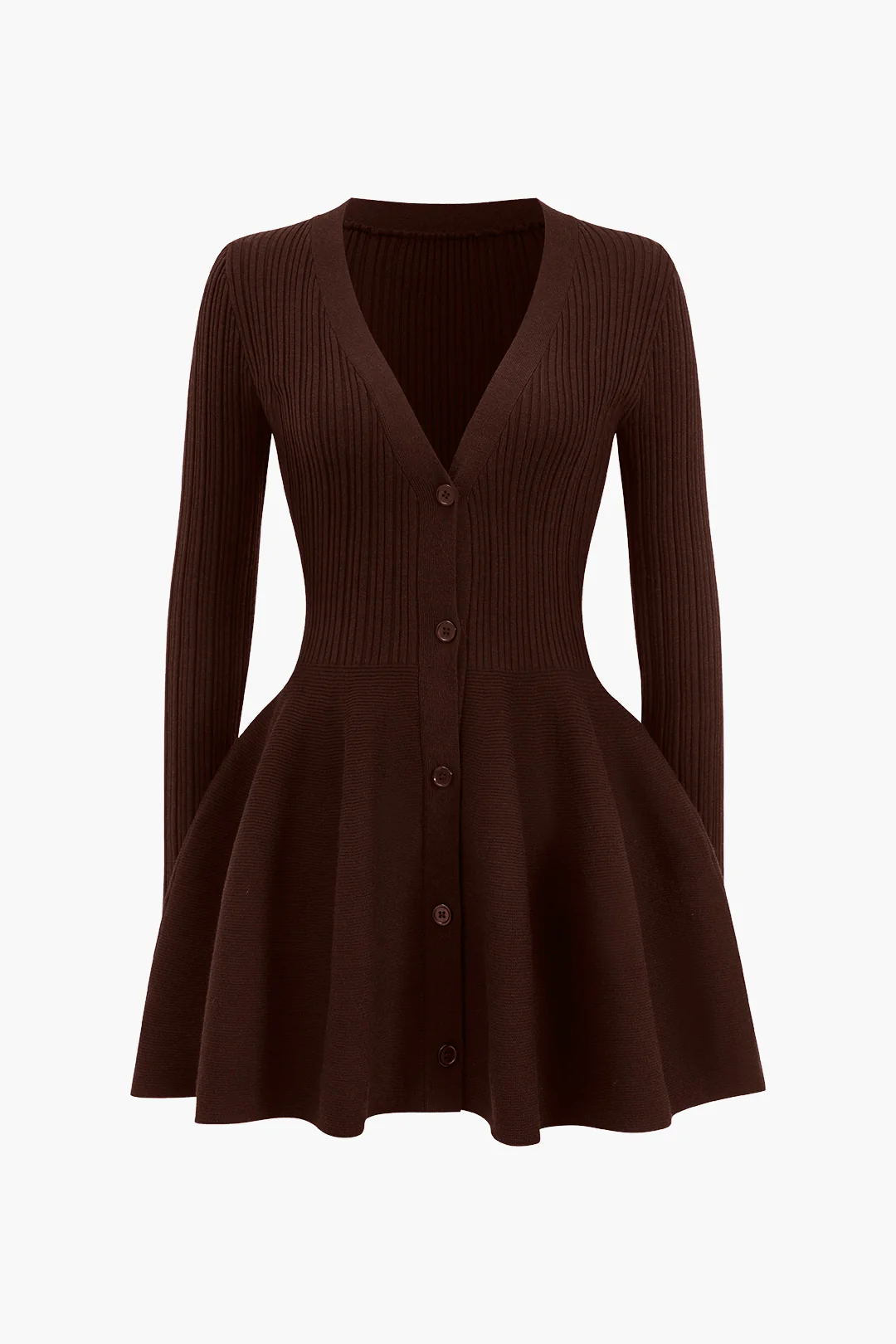 Knit Puff Hem Long Sleeve V-neck Dress - Image 7