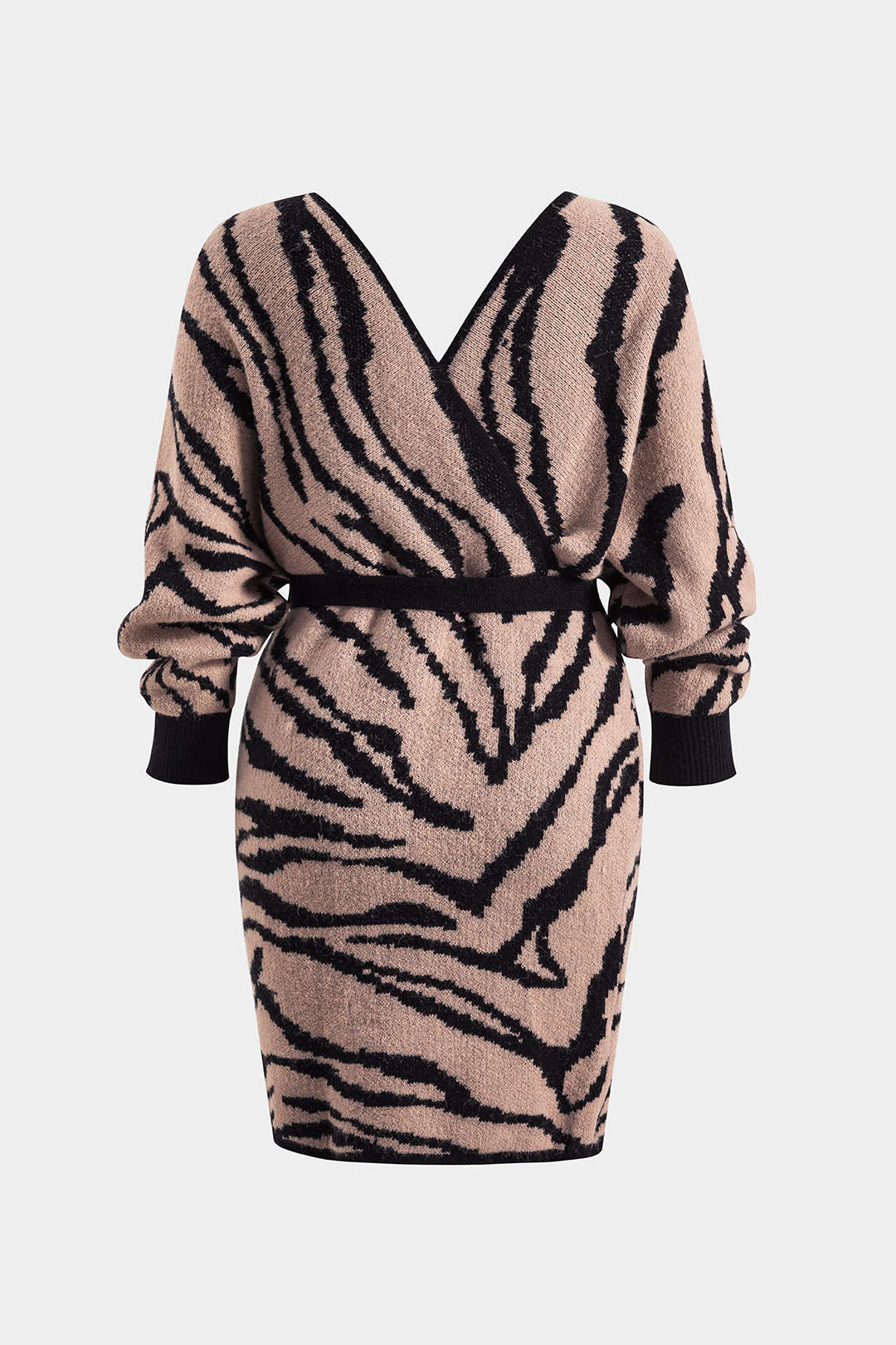 Plus Size Zebra Stripe Print Knit Tie-Up Crossed Long Sleeve Dress - Image 2