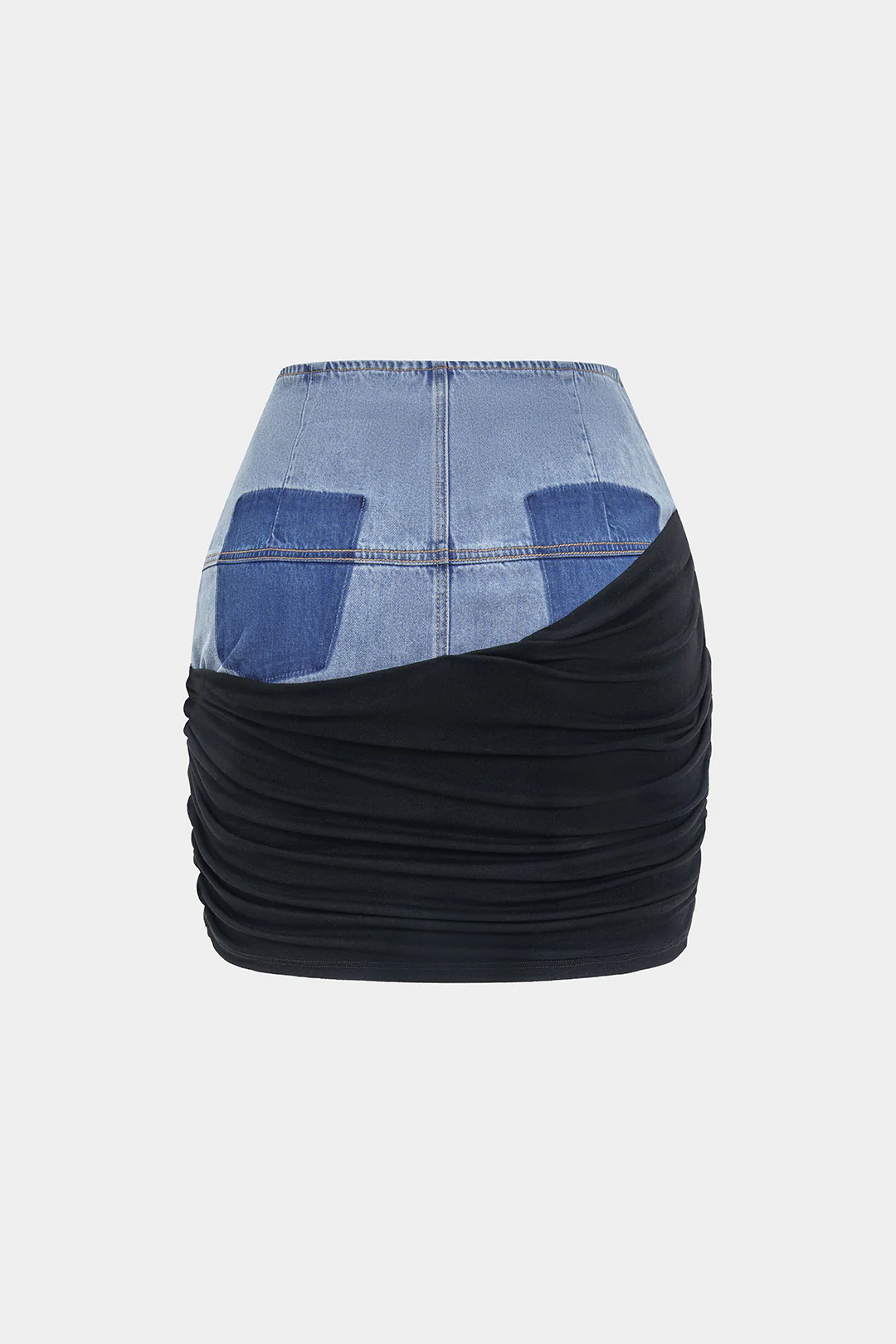 Denim Patchwork Ruched Skirt - Image 2