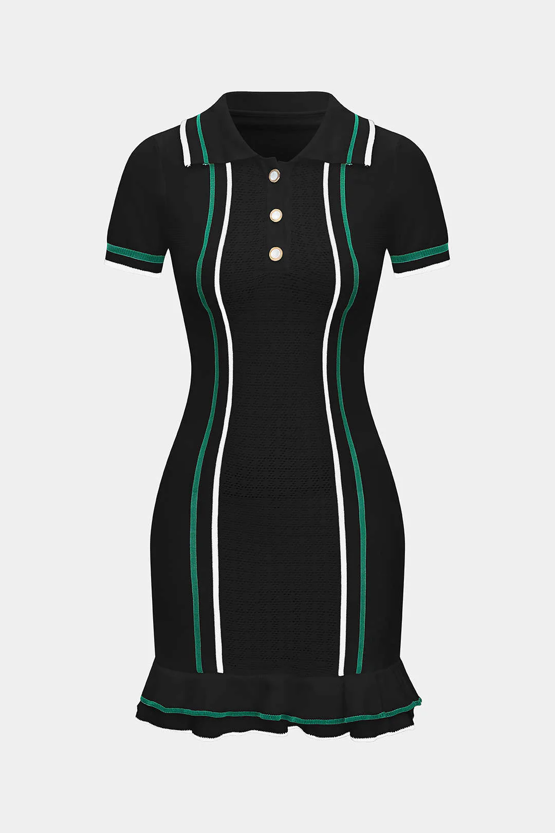 Knit Contrast Button Ruffle Short Sleeve Dress - Image 5