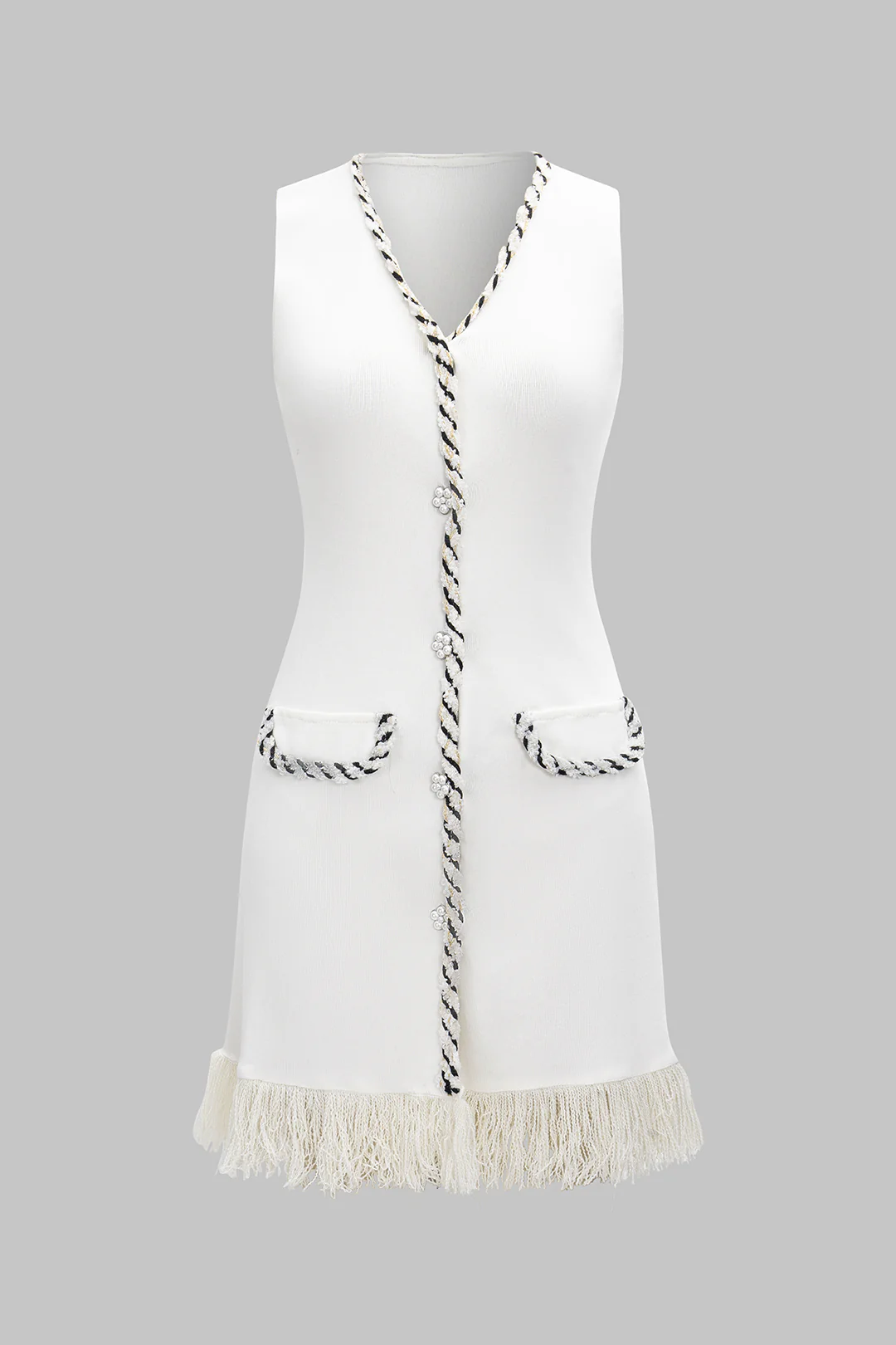 Knitted V-Neck Tank Fringe Sleeveless Dress - Image 5