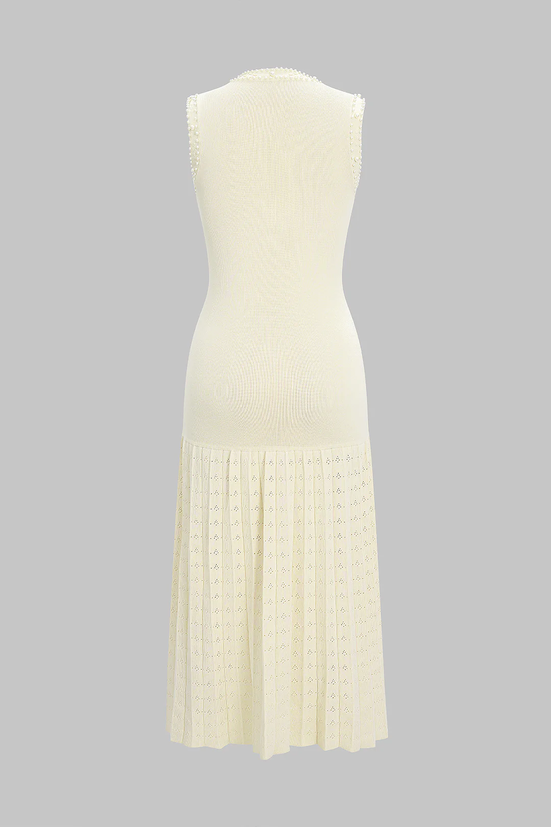 Knit Round Neck Hollow Out Pearls Decor Sleeveless Dress - Image 2