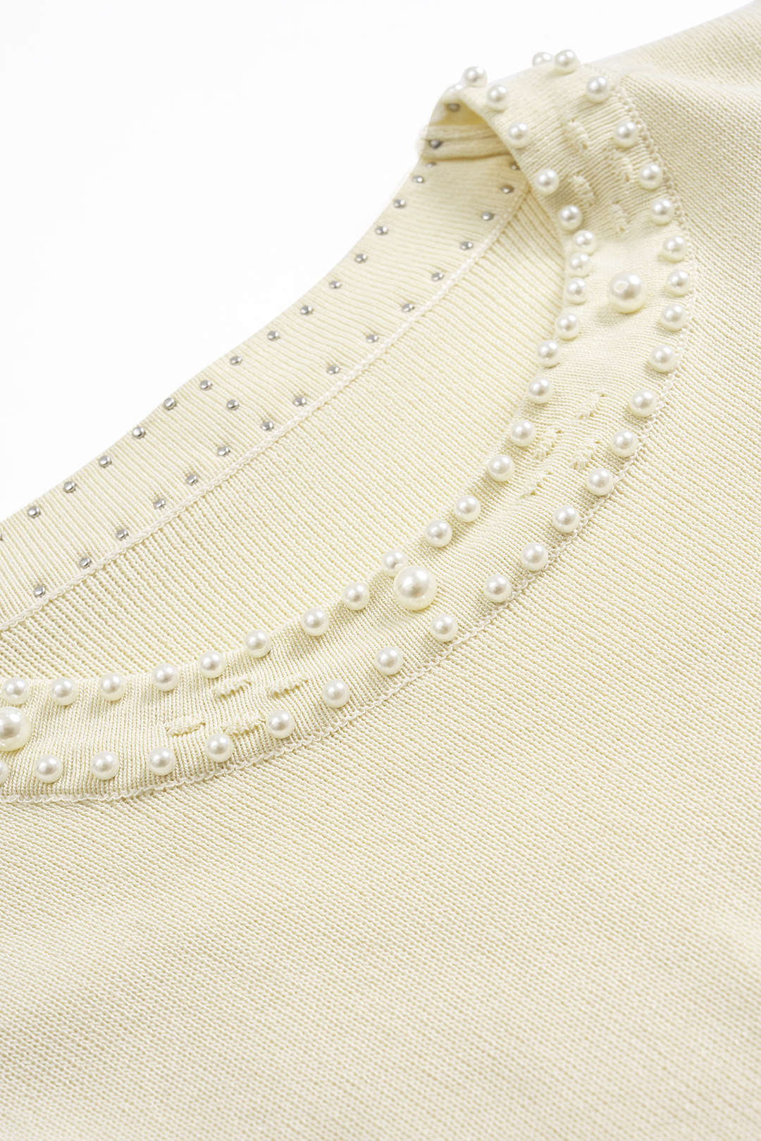 Knit Round Neck Hollow Out Pearls Decor Sleeveless Dress - Image 3