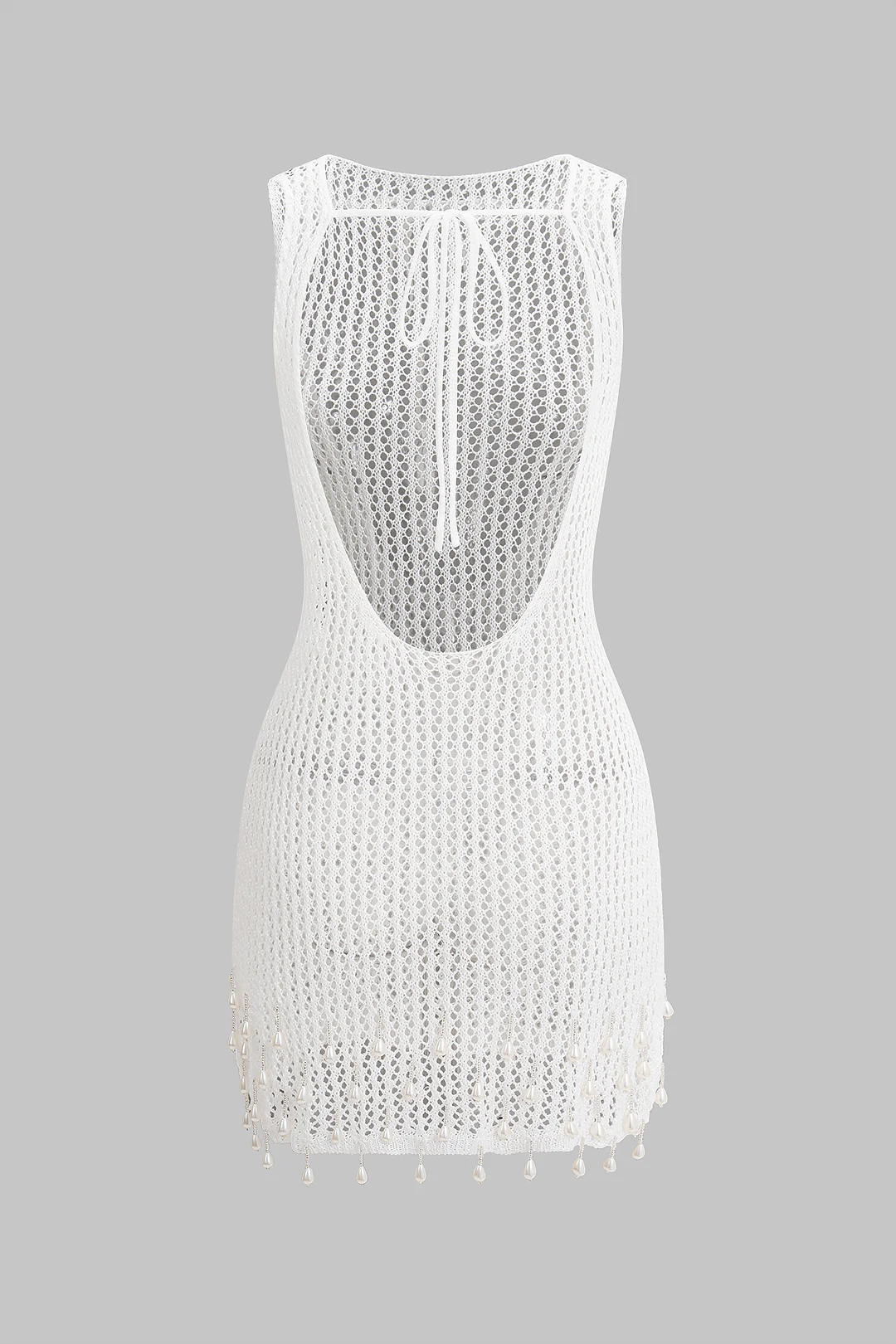 Knit Round Neck Hollow Out Pearl Fringe Tie Back Backless Sleeveless Dress - Image 3