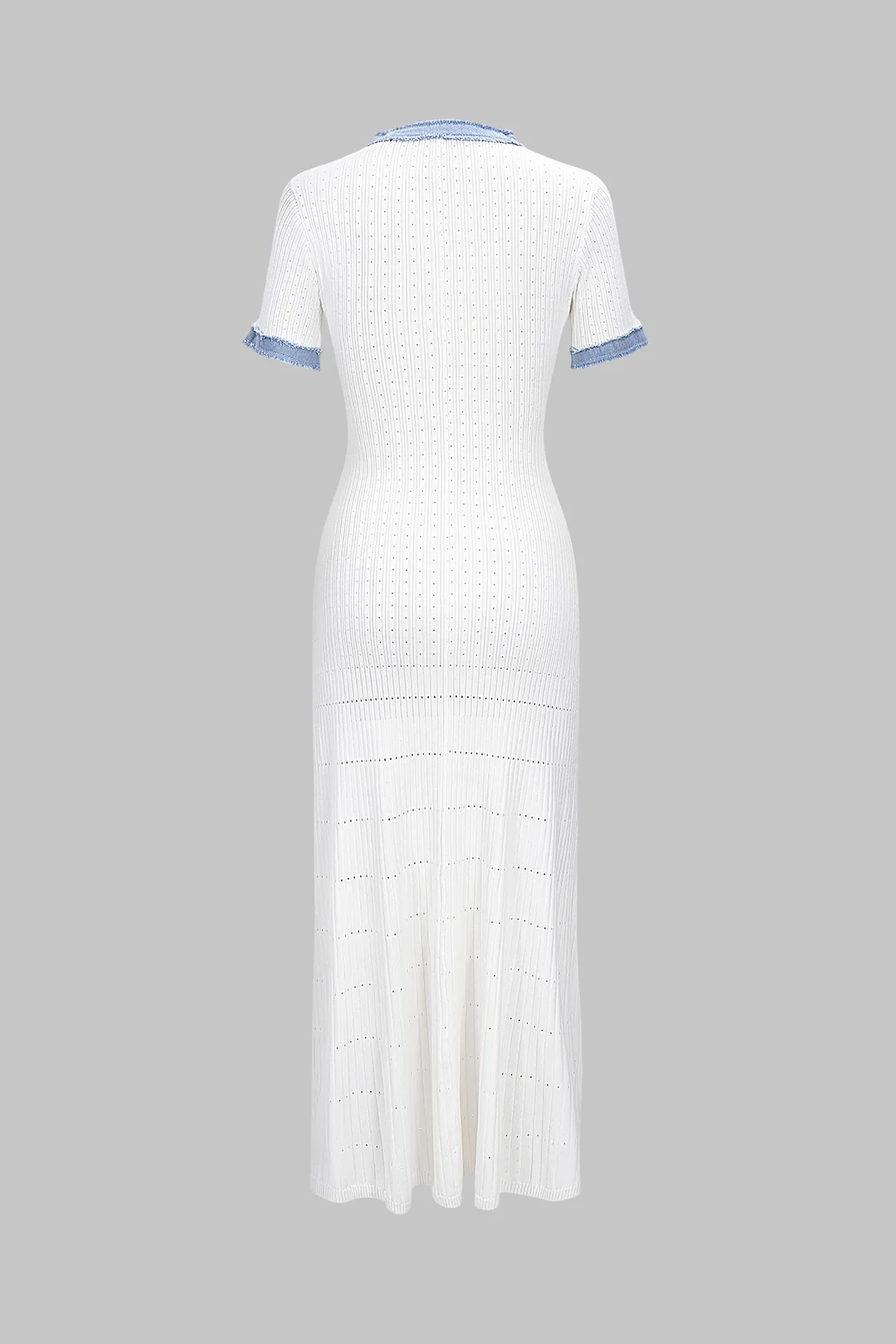 Knit Patchwork Frayed Button Short Sleeve Dress - Image 2