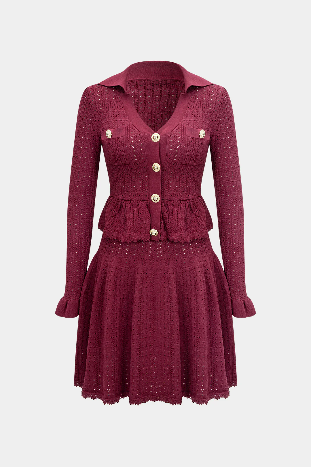 Knit V-Neck Hollow Out Ruffle Long-Sleeve Dress