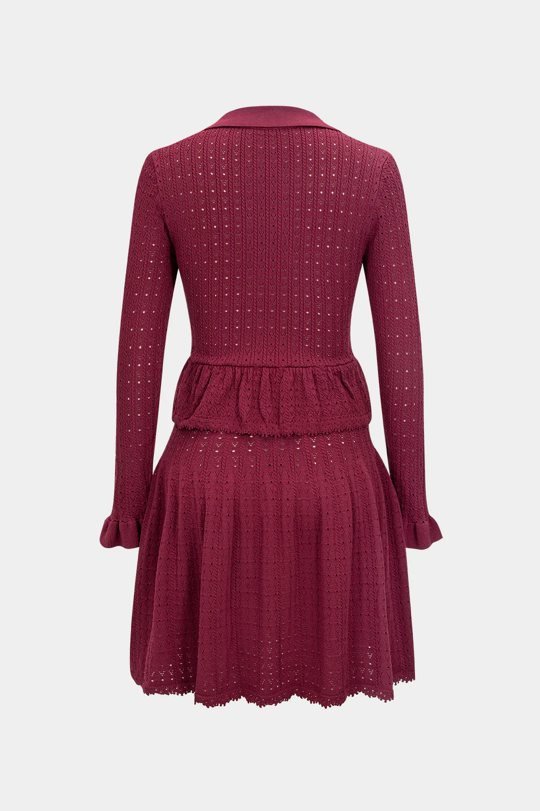 Knit V-Neck Hollow Out Ruffle Long-Sleeve Dress - Image 2