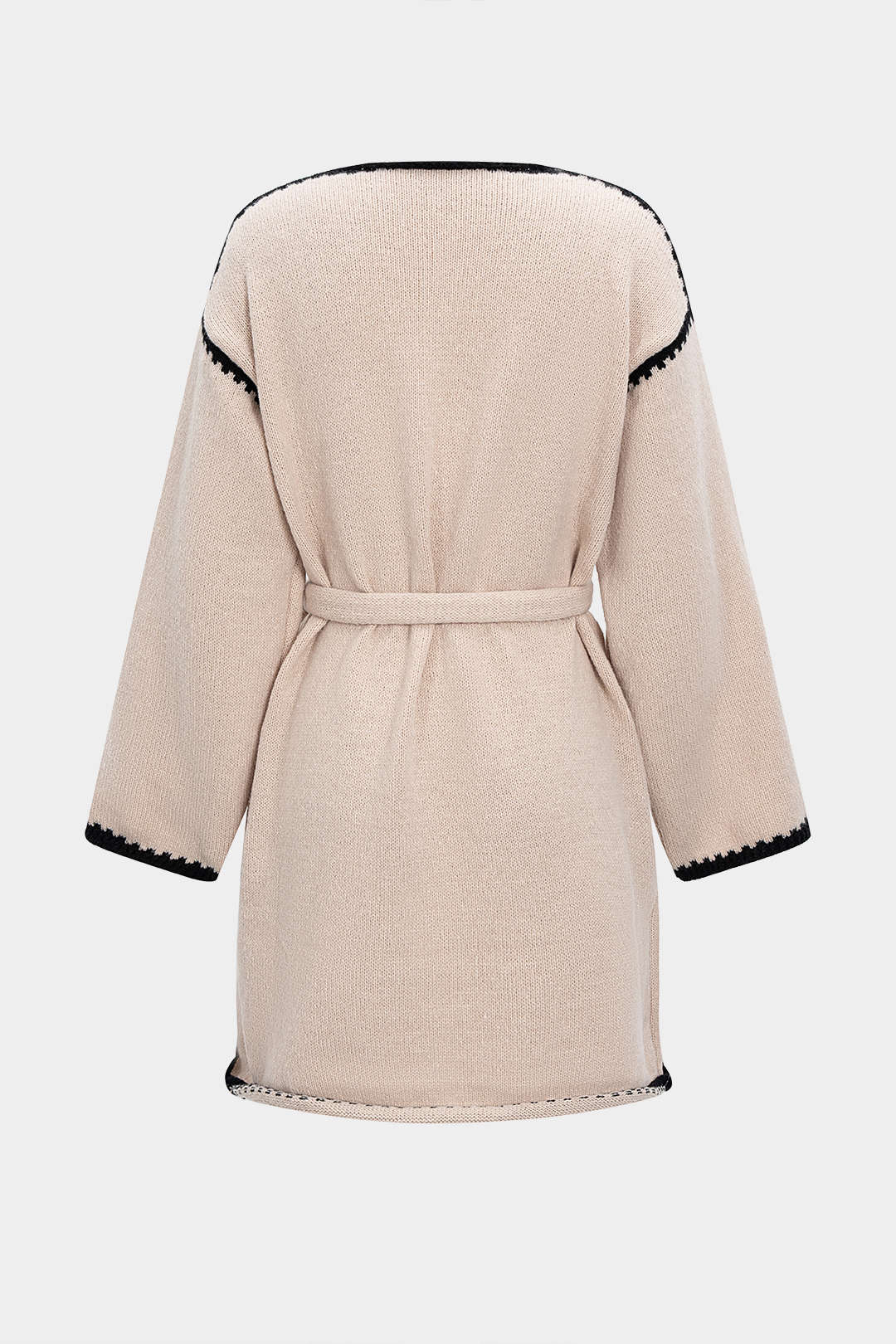Knit V-Neck Contrast Binding Tie-Up Long Sleeve Dress - Image 2