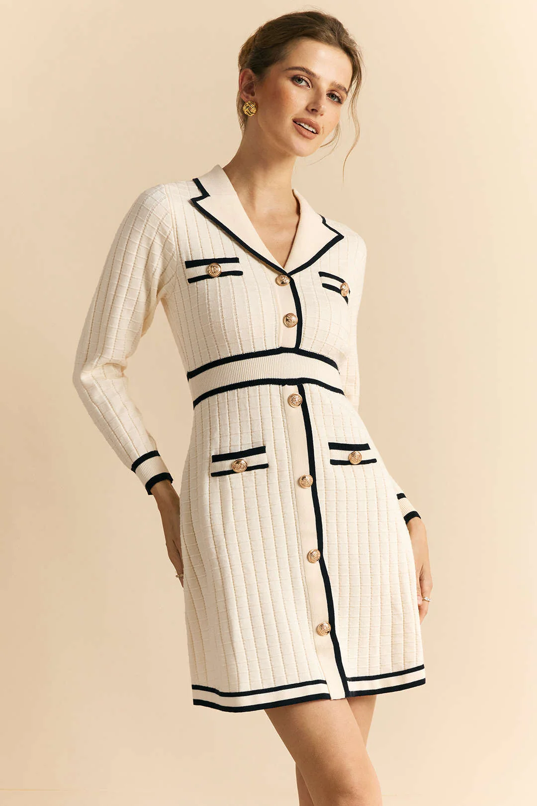 Knit Contrast Metallic Button Long Sleeve Dress - Image 2
